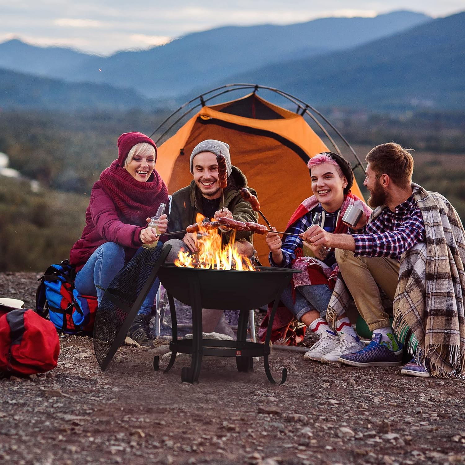 FireBeauty Fire Pit BBQ Grill Pit Bowl with Mesh Spark Screen Cover,Poker