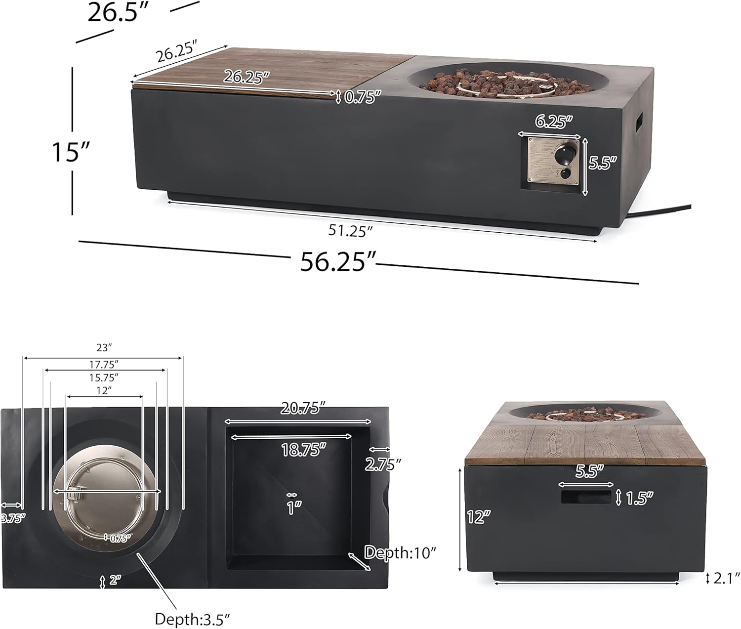 Christopher Knight Home Goliath Outdoor 50,000 BTU Rectangular Fire Pit Table (No Tank Holder) - Lightweight Concrete - Dark Gray/Natural Brown