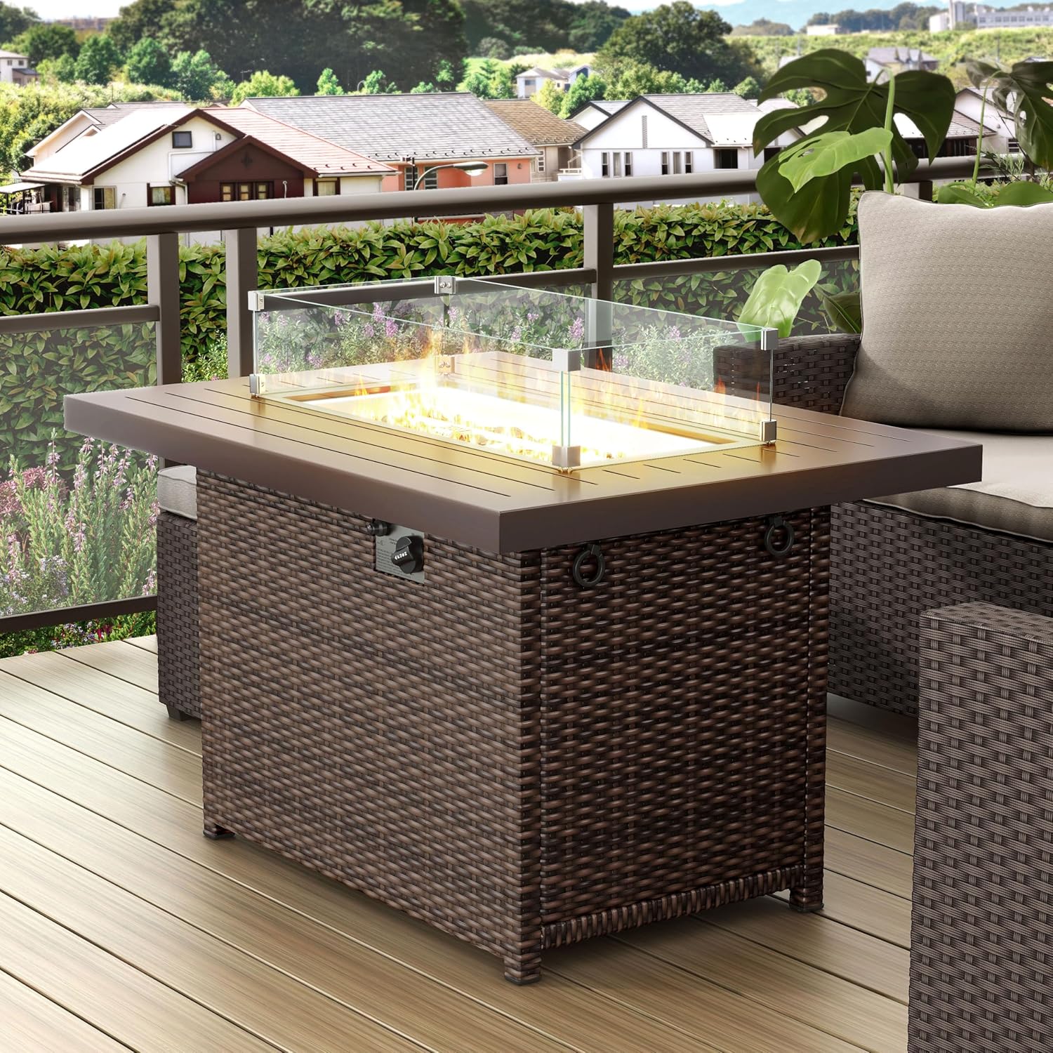 Greemotion Finley Patio Outdoor Propoane Fire Pit Table with Removable Cover and Glass Windshield 55,000 BTU for Patio Deck Backyard Poolside, Brown