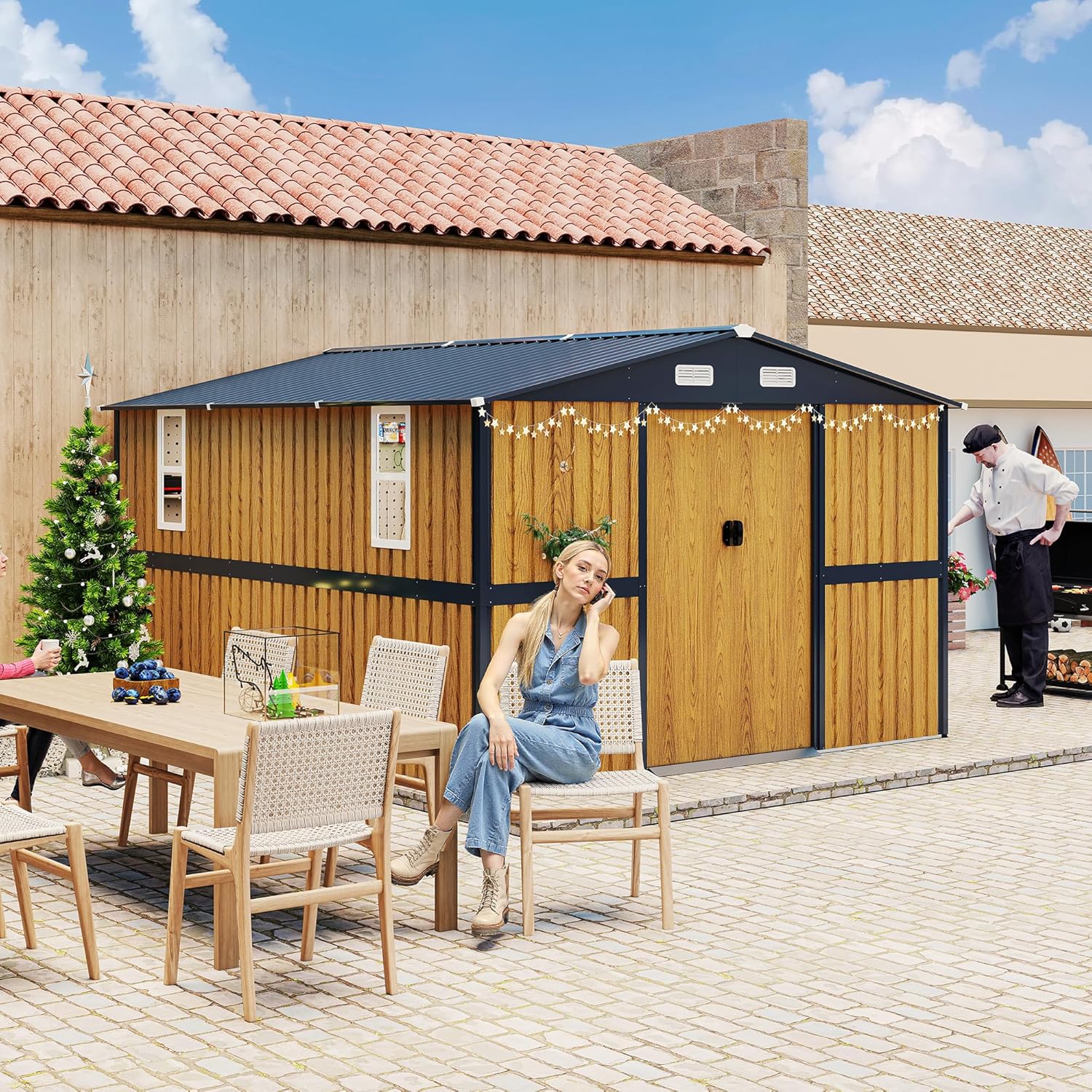 【LuckyNote】10X12 FT Outdoor Steel Storage Shed with Lockable Doors, 2 Windows, Garden Shed Ideal for Backyard, Patio Storage,(Wood Panels & Frame Floor Not Included) be shipped in two separate parcels