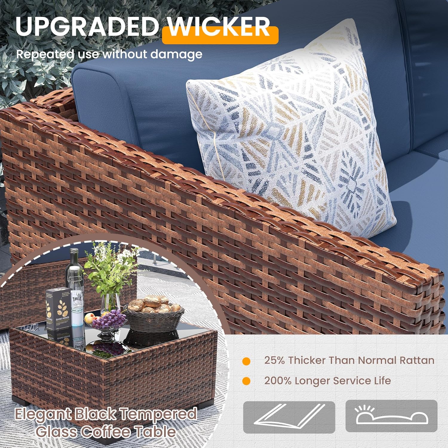 UDPATIO Patio Furniture Set with 44'' Fire Pit Table,Modular Outdoor Furniture Sets,Slanted Back Outdoor Sectional Conversation Set PE Rattan Sofa for Backyard W/Coffee Table,4'' Cushions,8 PCS,Blue