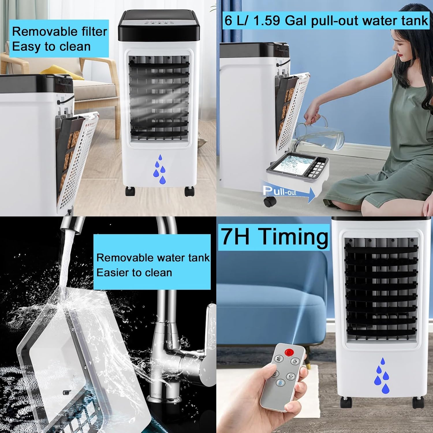 Portable Air Conditioners, Swamp Cooler with 6 L/1.59 Gal Water Tank, 7H Timer, Auto Oscillating, 2 Ice Packs, Portable Cooling Fan for Office Room Kitchen
