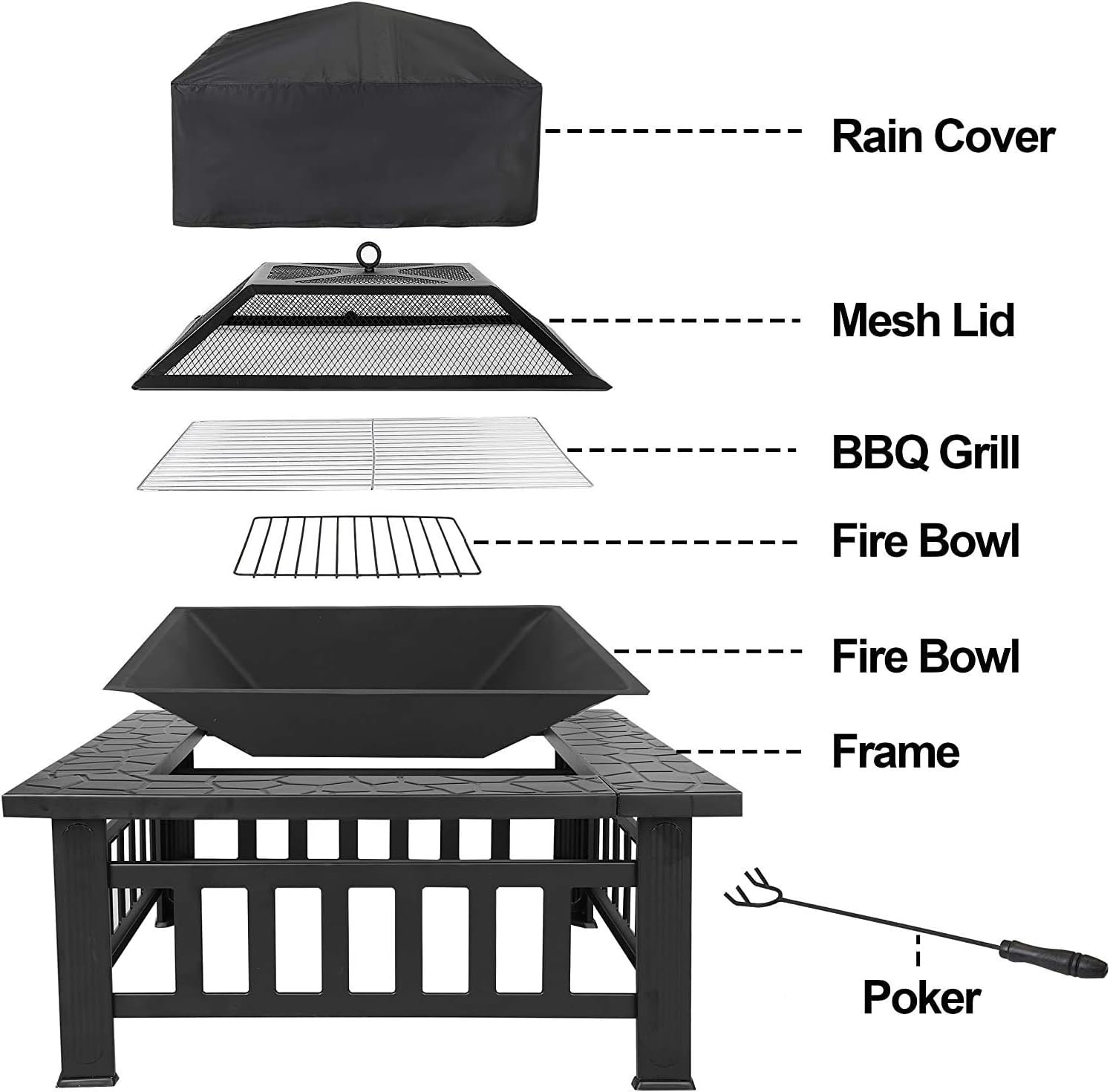 Outdoor Fire Pit,3 in 1 Outdoor Metal Fire Pit Square Stove Brazier Patio Heater Square able Garden Patio Heater Ice Pit with Waterproof Cover
