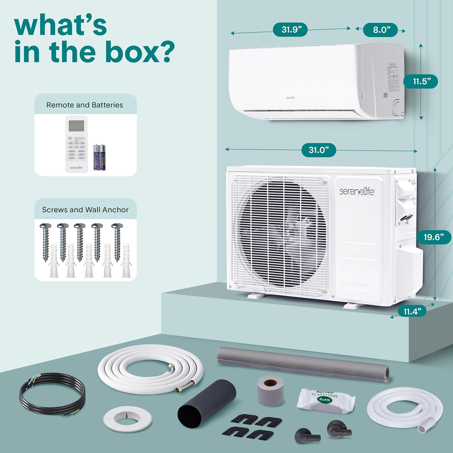 SereneLife 12,000 BTU Mini Split AC & Heating System, 115V Indoor & Outdoor Wall-Mounted Units with WiFi, Installation Kit Included for Home, Office & Bedroom, Up to 550 Sq. Ft. Coverage