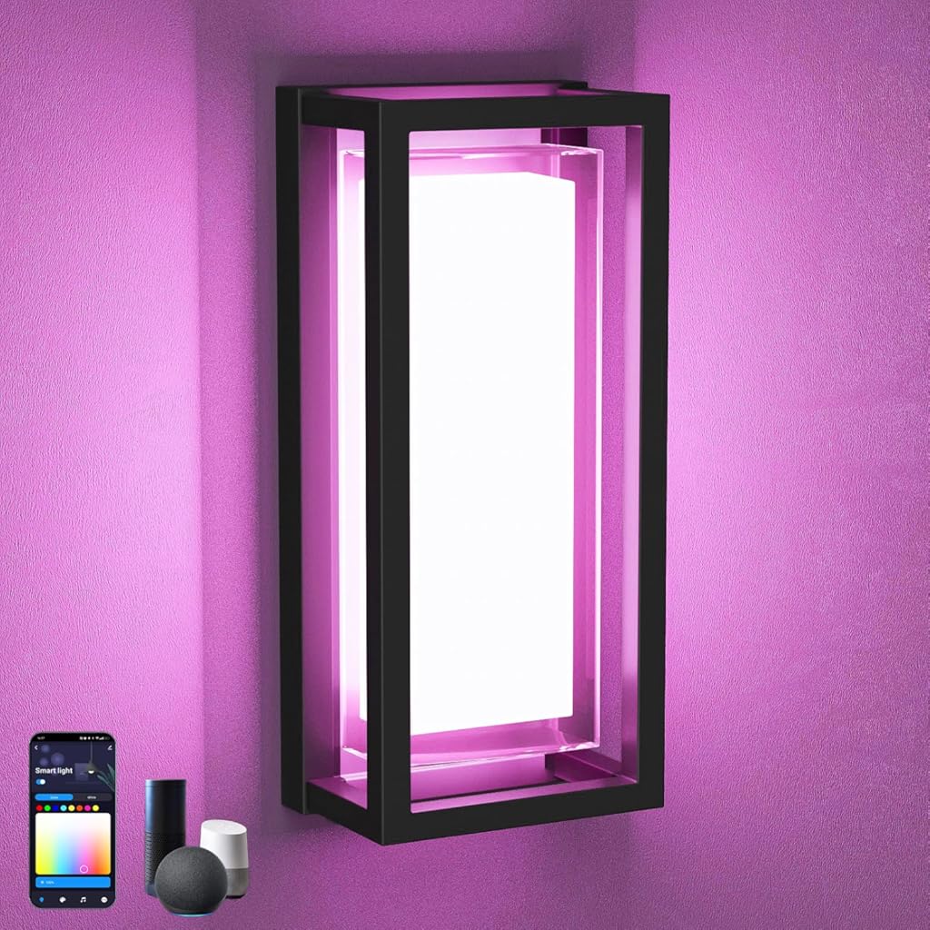 LED Smart Outdoor Wall Lights,14in 22W RGB+2700K-6500K Color Changing Wall Sconce, Waterproof LED Outdoor Porch Lights, APP Control,IP65 Waterproof,for House Porch Yards