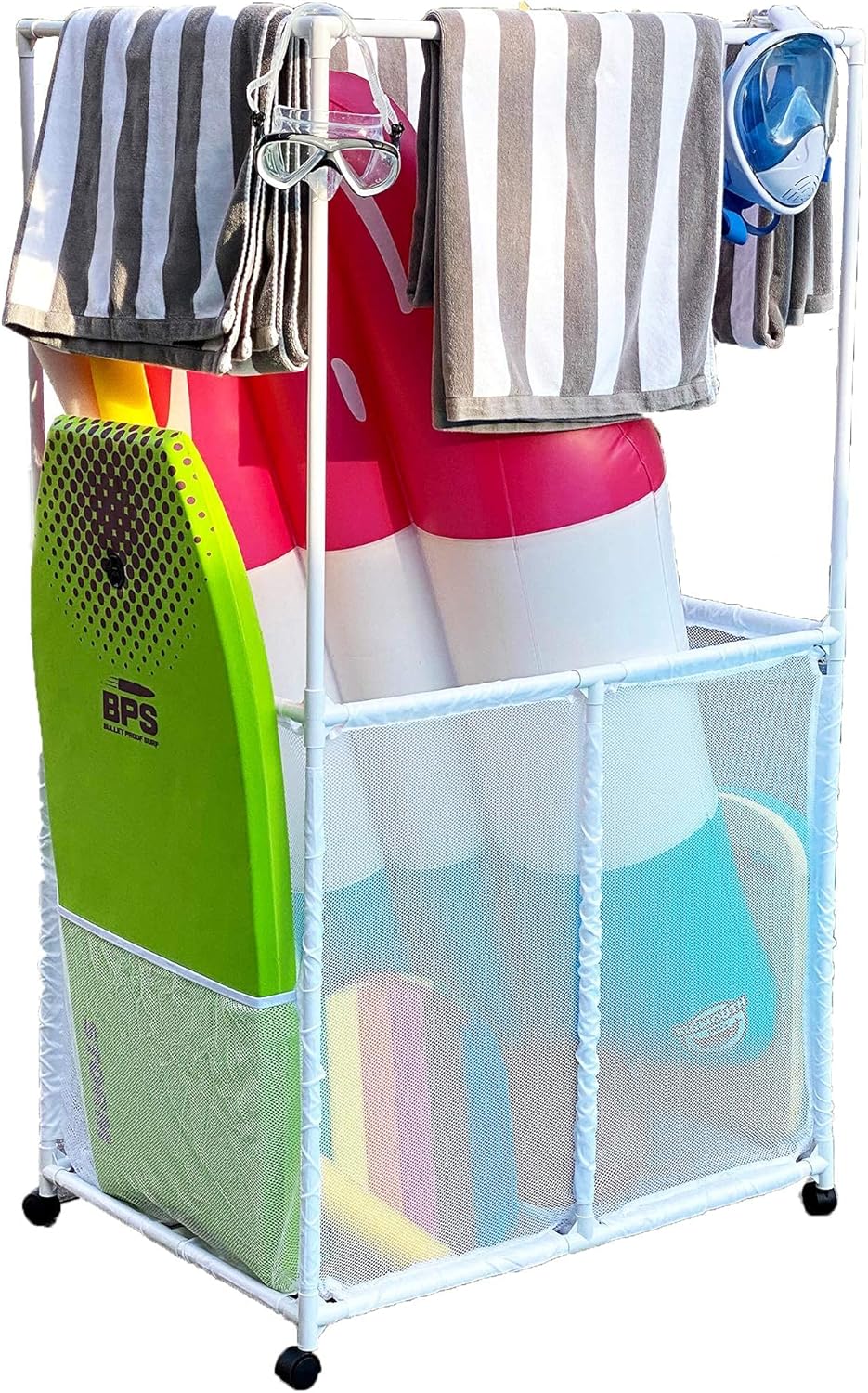 Pool Equipment Holder with Towel Drying Bars, Mesh Rolling Multi Use Storage Organizer Bin, Large Towel Hanger (25