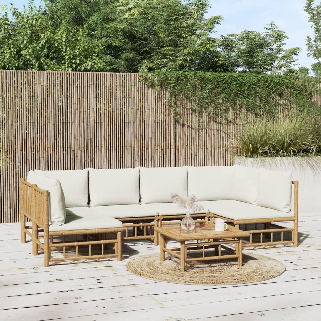 7 Piece Patio Lounge Set with Cream White Cushions Bamboo,Elegant Bamboo Patio Lounge Set with Comfortable Seating and Modular Design Patio Furniture Sets, Outdoor Furniture Sets