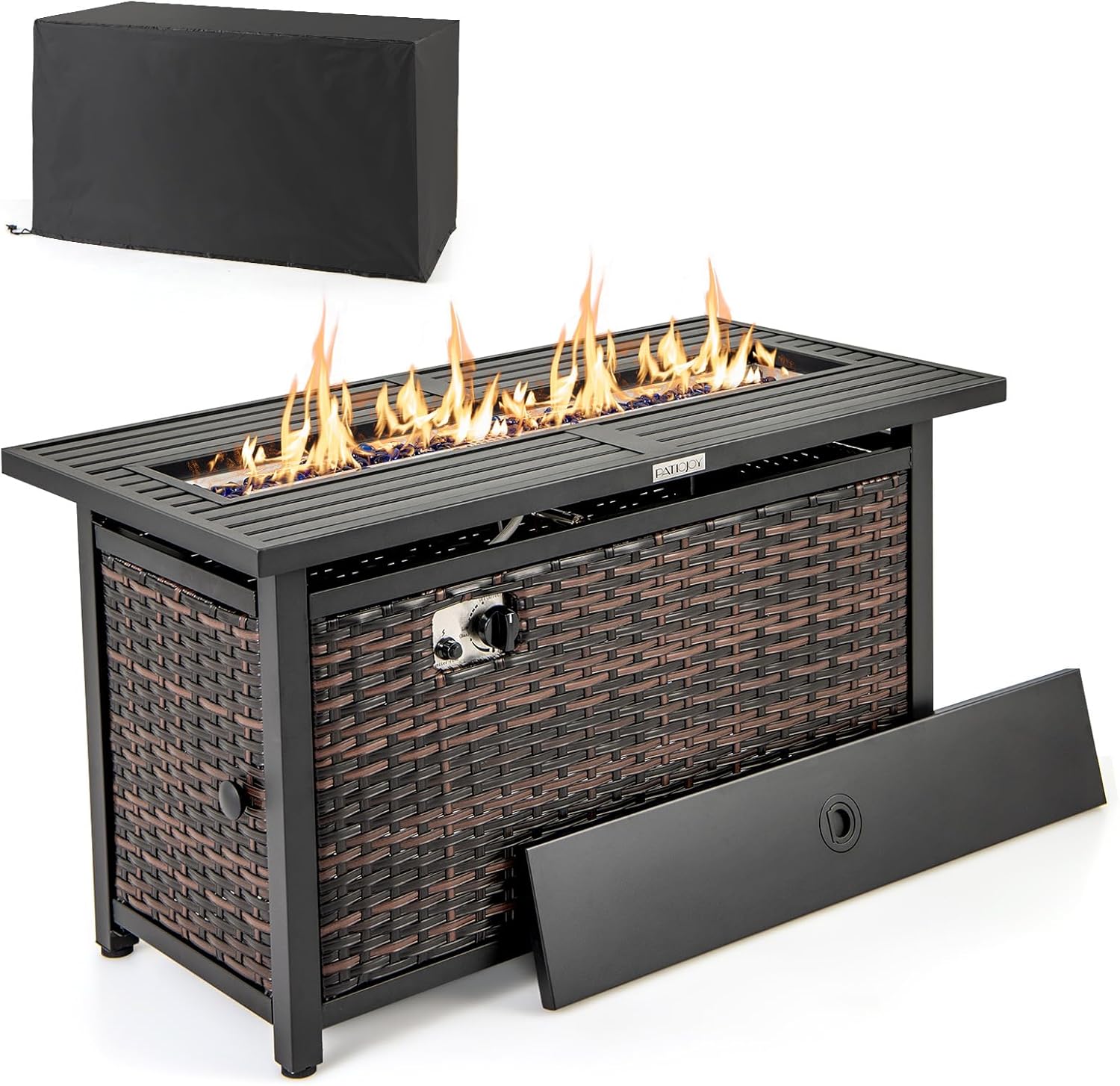 Tangkula 45 Inch Rattan Propane Fire Pit Table, Patiojoy 50,000 BTU Outdoor Rectangle Fire Pit with Glass Stones & Protective Cover, Heavy-Duty Metal Frame & Top, Patio Fire Table for Backyard