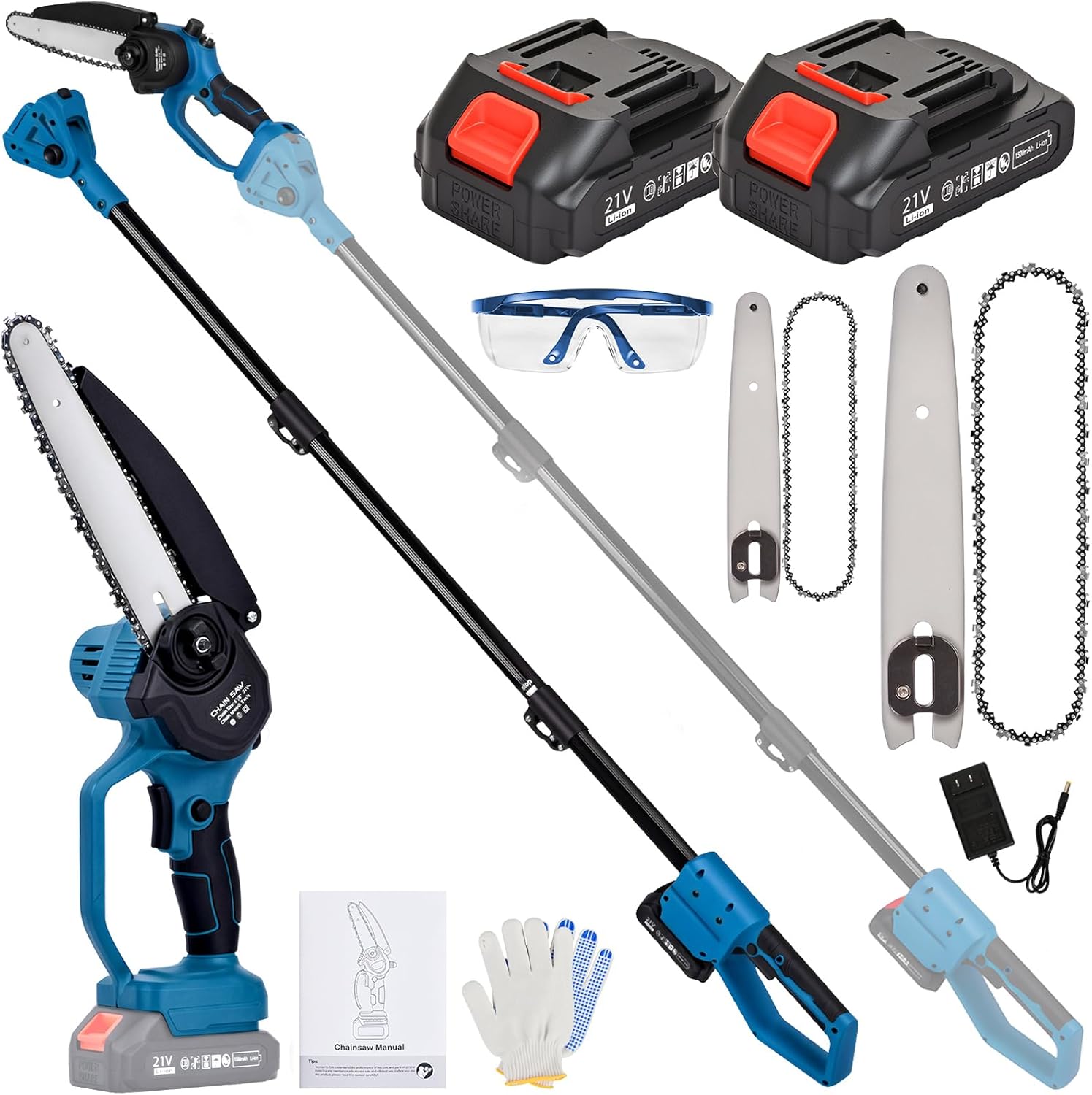 2-in-1 Electric Pole Saw, 6” & 8” Mini Chainsaw Cordless with Extension Pole & 2 x 21V Batteries, Tree Trimmer Tool for Branch Cutting & Pruning, Home & Garden & DIY