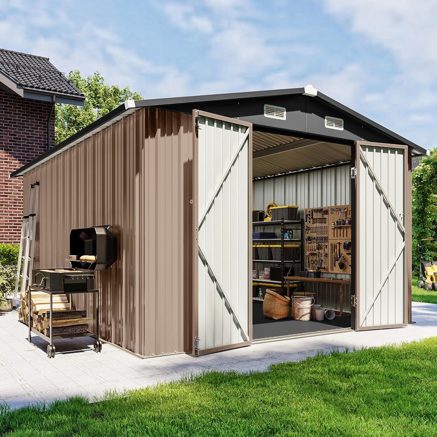 10x12 FT Outdoor Storage Shed with Floor & Lockable Double Doors, Heavy-Duty Galvanized Steel Outdoor Metal Shed for Bike, Tool, Generator Storage in Backyard, Patio (10’x12’, Floor)