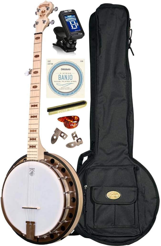 Deering Goodtime 2 5-String Maple Resonator Bluegrass Banjo Art Deco Inlay Bronze Powder Coat Hardware with Instrument Alley Bag, Tuner, Strings, Mute, Picks, Strap Bundle Package - Made in the USA