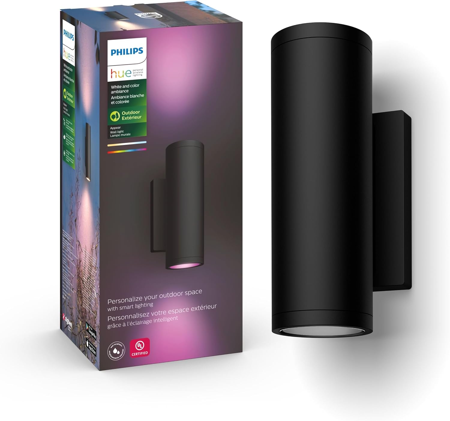 Philips Hue Appear Outdoor Smart Wall Light, Black - White and Color Ambiance LED Color-Changing Light - 1 Pack - Requires Hue Bridge - Control with Hue App and Voice - Weatherproof