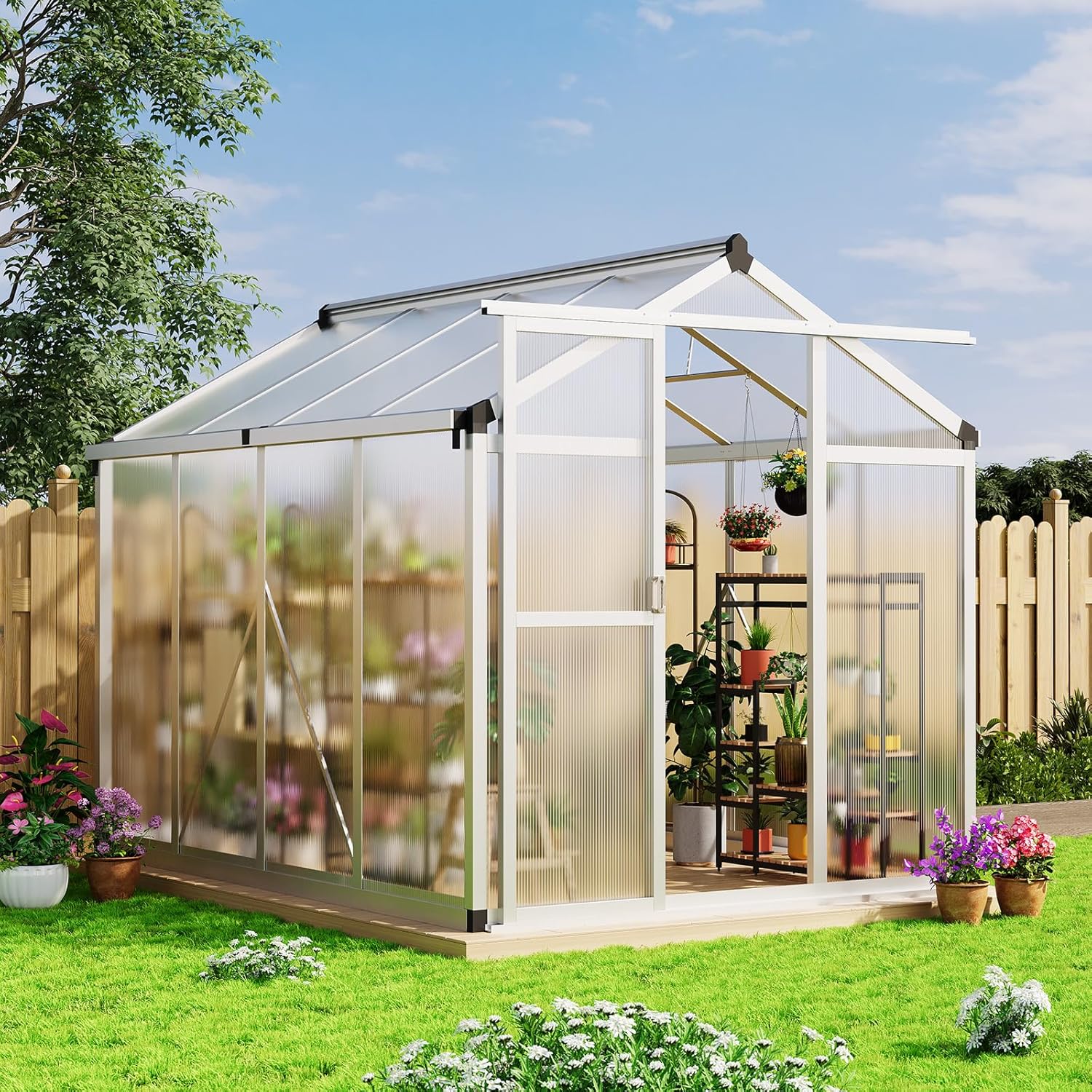 Garvee 6x8 FT Greenhouse - Aluminum Greenhouses for Outdoors, Large Polycarbonate Greenhouse with Roof Vent, Heavy Duty Walk-in Green Houses for Outside Garden, Backyard, Patio, Lawn, Easy Assembly