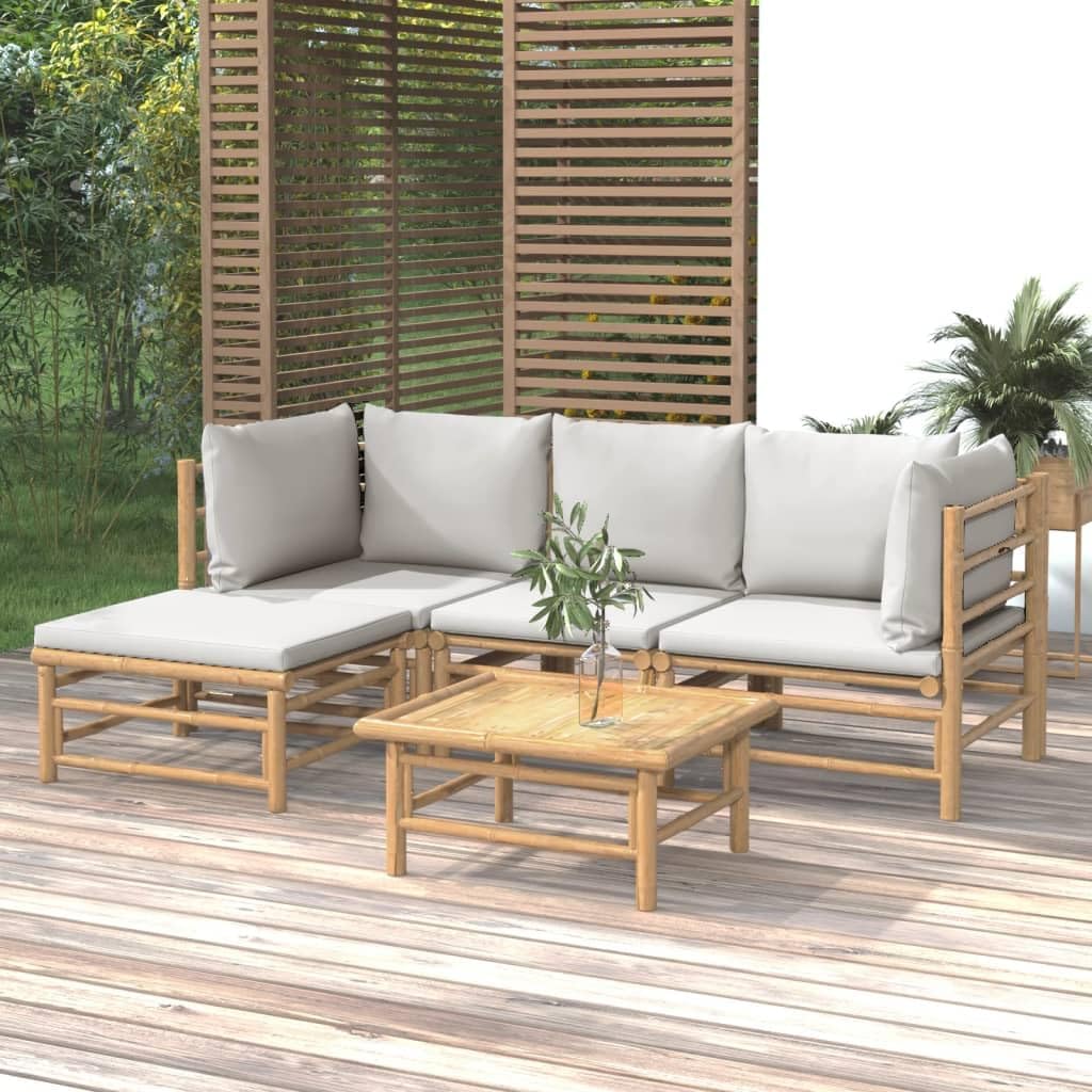5 Piece Patio Lounge Set with Light Gray Cushions Bamboo,Elegant Bamboo Patio Lounge Set: Ultimate Comfort and Durability for Outdoor Relaxation Patio Furniture Sets, Outdoor Furniture Sets