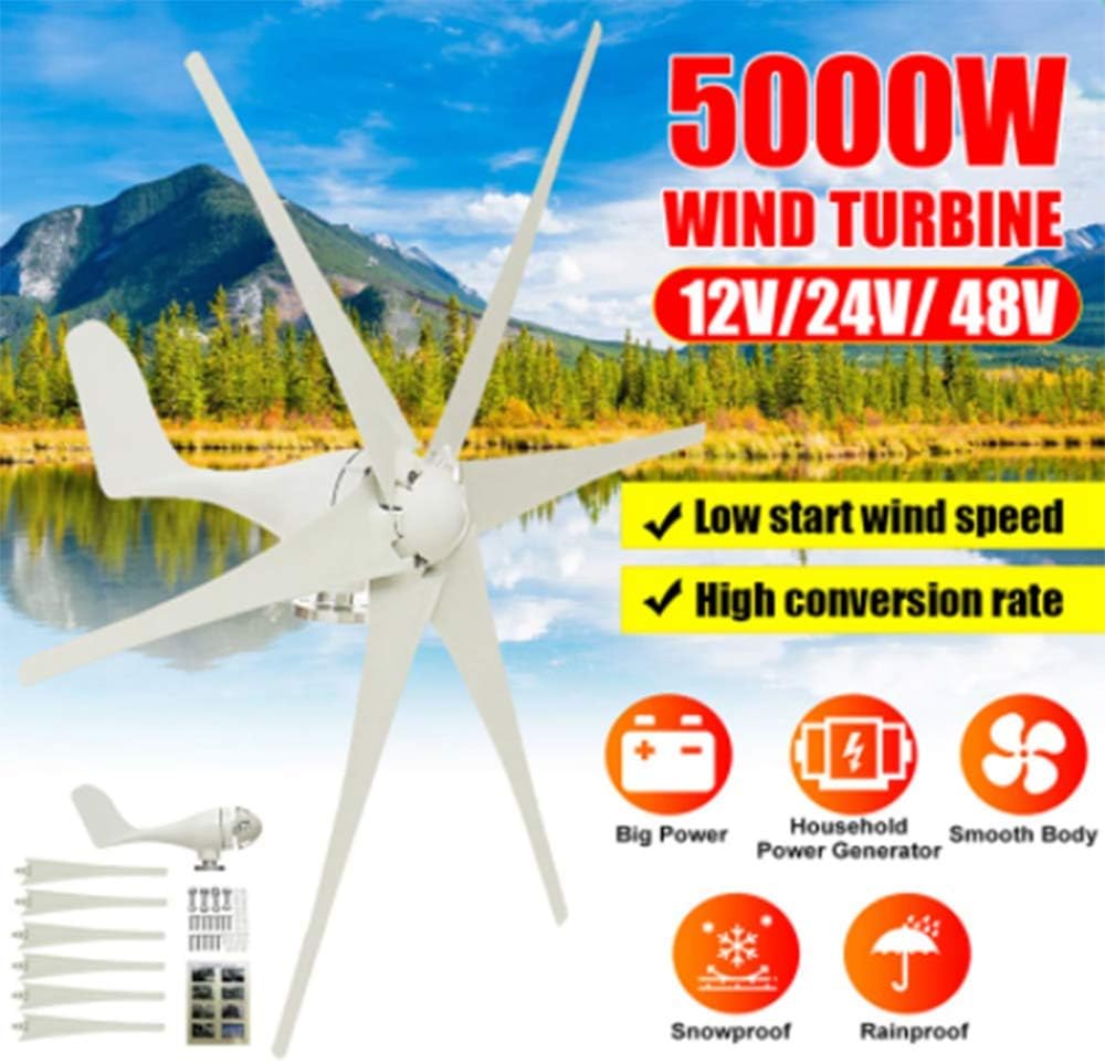 5000W 12V 24 V 48 Volt 6 Nylon Fiber Blade Horizontal Home Wind Turbines Wind Generator Power Windmill Energy Turbines Charge,White,48v