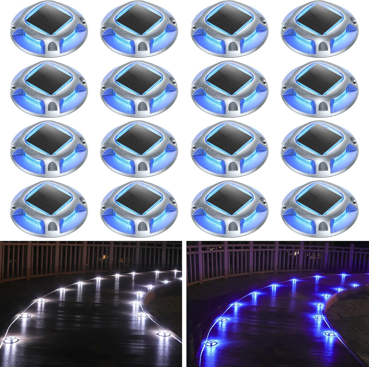 AGPTEK Solar Driveway Lights Outdoor 16 Pack, 2 Color Modes LED Deck Dock Marine Waterproof Security Marker Lights for Step Sidewalk Stair Garden Pathway Walkway Yard(Blue Light/Cool White)