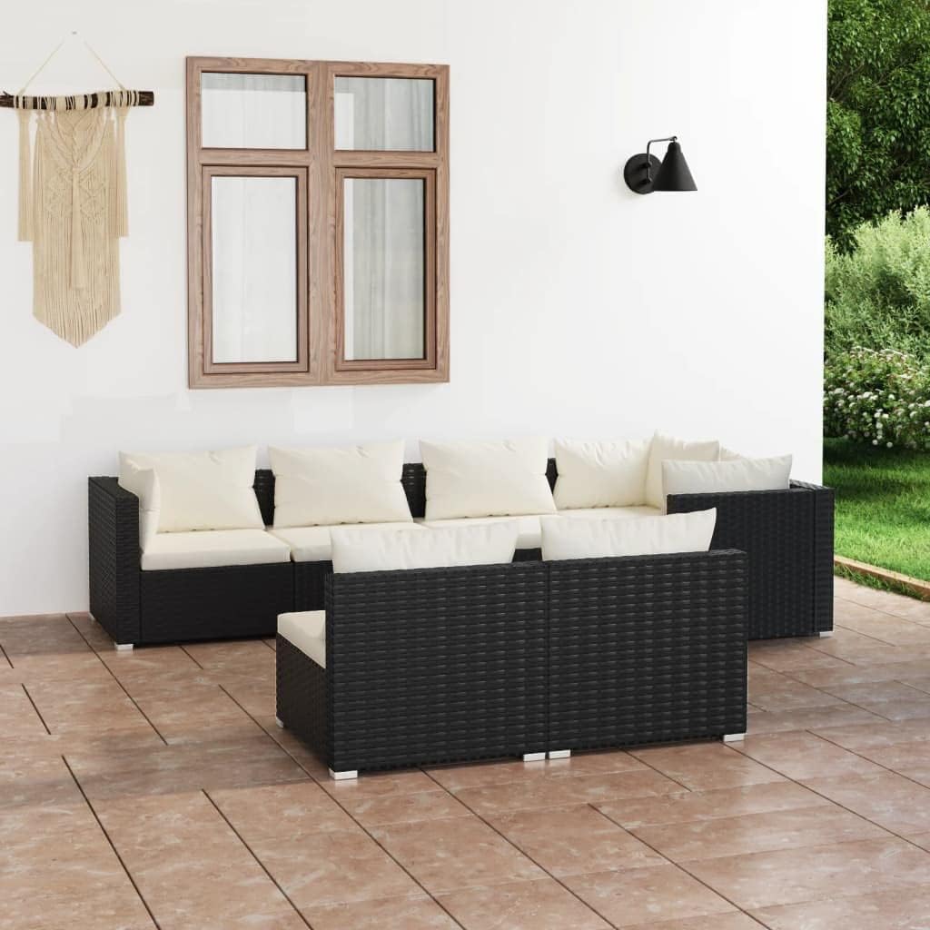 7-Piece Patio Lounge Set, Black Cream PE Rattan, Powder-Coated Steel Frame, Outdoor Furniture for Balcony Garden, Seating for 7 People
