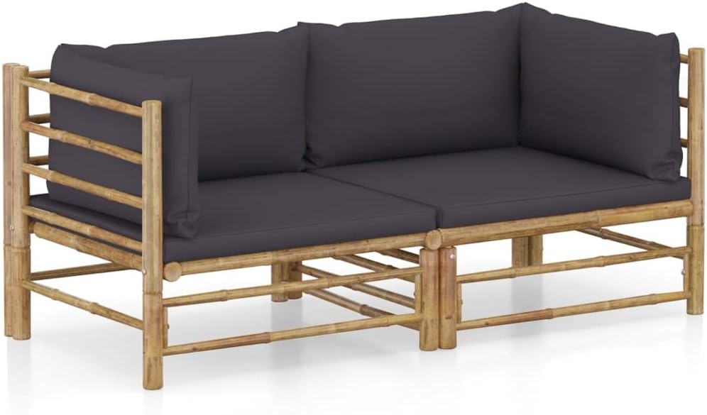 2 Piece Patio Lounge Set with Dark Gray Cushions Bamboo Garden Furniture
