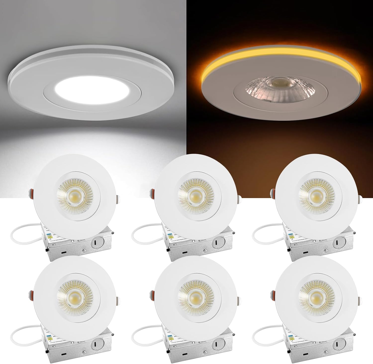 4 Inch Gimbal LED Recessed Light - with Night Light, 12W+3W 1100LM, Dimmable Canless Recessed Lighting 4 Inch, 5CCT+2000K Outdoor Soffit Lights, with Junction Box, White, 6 Pack