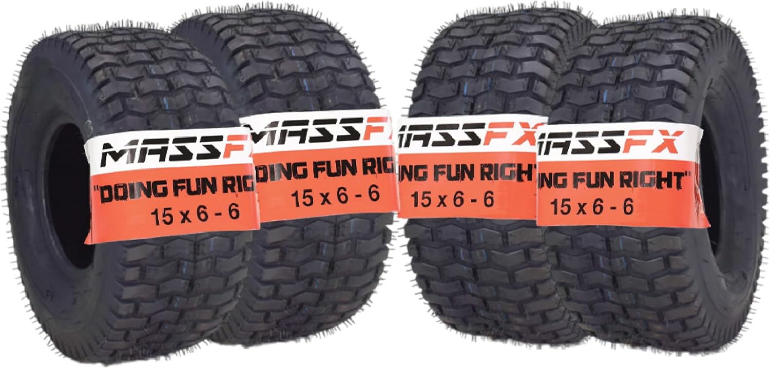 MASSFX 15x6-6 front or rear Turf Tires for outdoor power equipment and lawn mowers, 4-Ply with chevron tread for excellent traction and easy cleaning, Non-highway use, 15/6-6,15x6x6 (4 Pack)