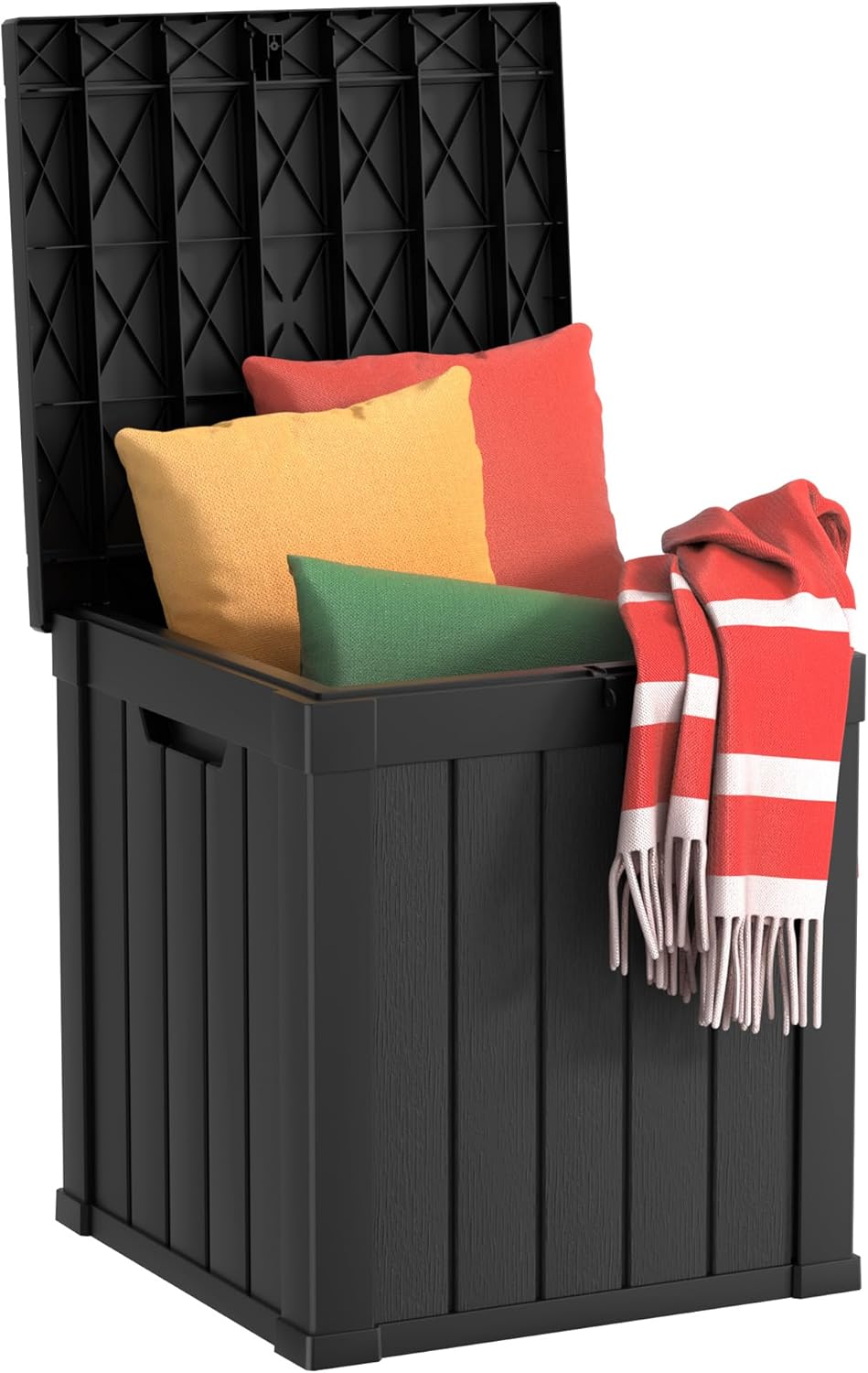 EasyUp 50 Gallon Outdoor Storage Box, Resin Waterproof UV-Resistant Deck Box, Reinforced Stability for Patio, Garden, and Poolside, Striped Black