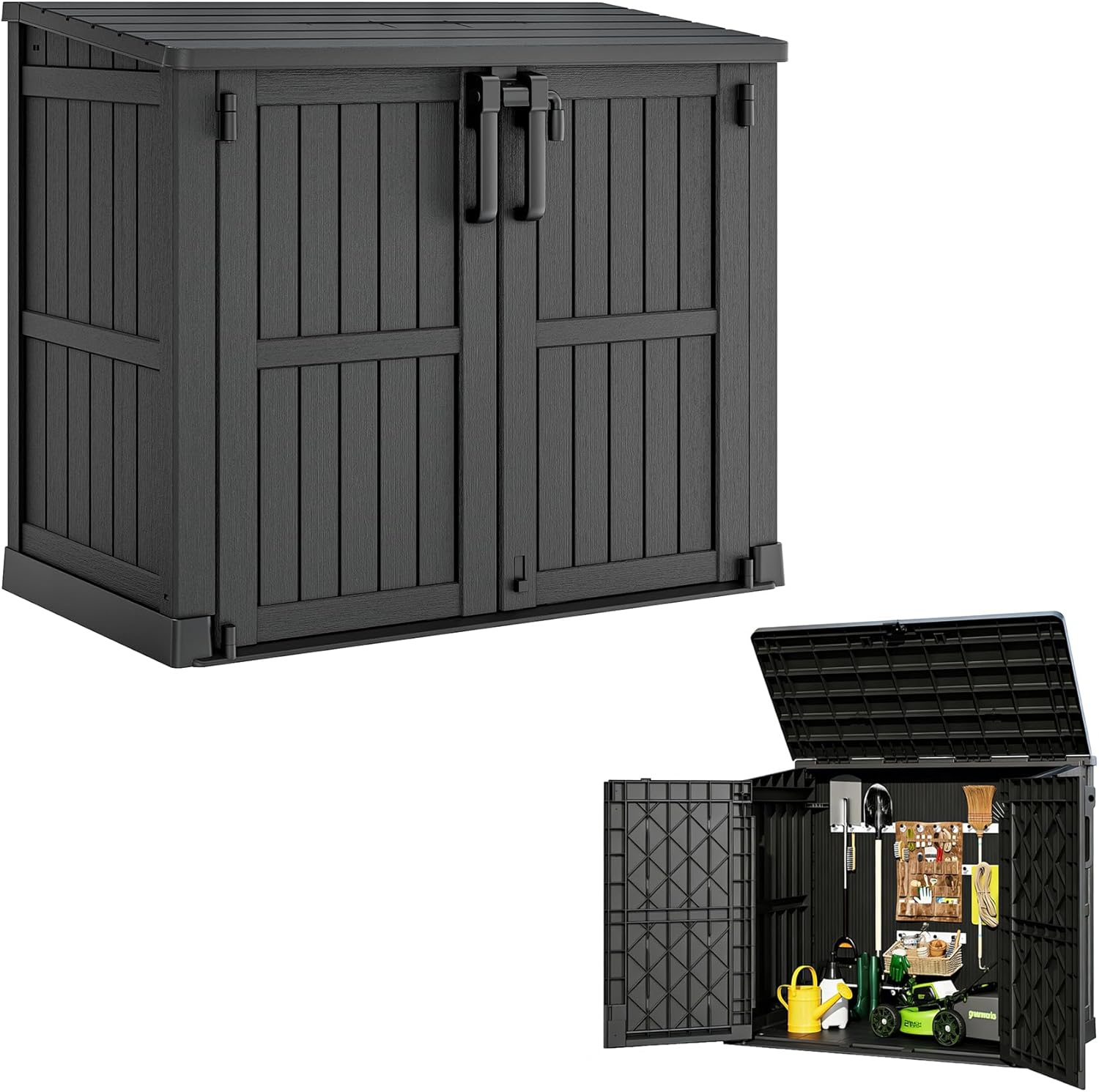 Outdoor Horizontal Resin Storage Shed,Portable Outdoor Storage Cabinet 36 Cu Ft with Lockable Doors -Waterproof Storage Box for Backyards,Easy to Assemble Black
