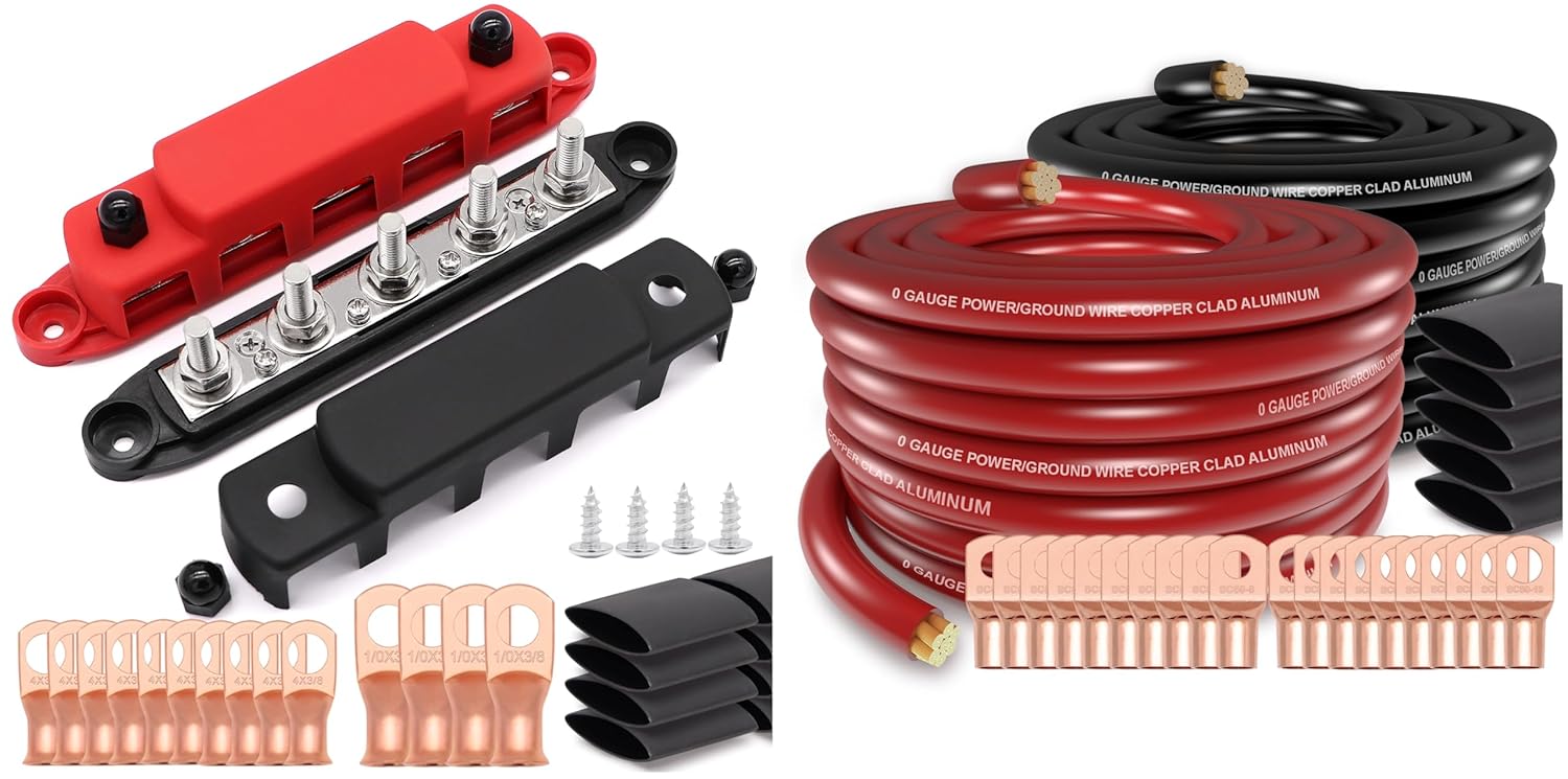 12v Bus Bar 5 Post 300A Power Distribution Block 1/0 Gauge Wire (40ft) Copper Clad Aluminum CAA Car Amplifier Power Ground Cable