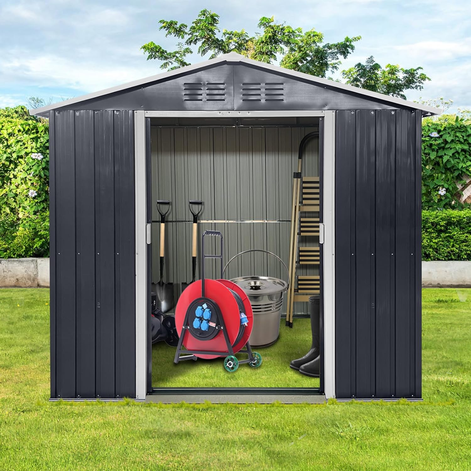 Metal Garden Shed 7x4.3 FT, Outdoor Storage Shed with Window & Sliding Door, Galvanized Steel Tool Shed with Air Vents, Waterproof Utility Shed for Backyard, Patio, Garden, Coal Grey