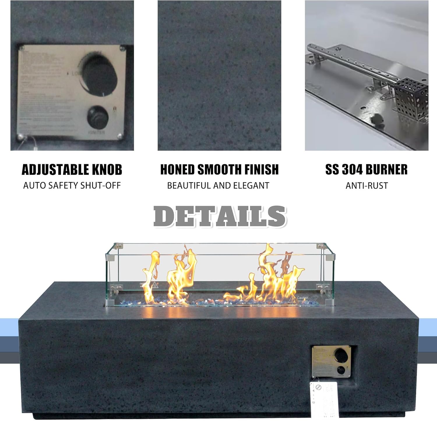 52 Inch Outdoor Propane Fire Pit Table & 20 LB Concrete Propane Tank Cover, 65,000 BTU Rectangle Fire Pit, Free Lava Rocks, Side Table Storage with Handles for Patio Garden Backyard, Dark Gray