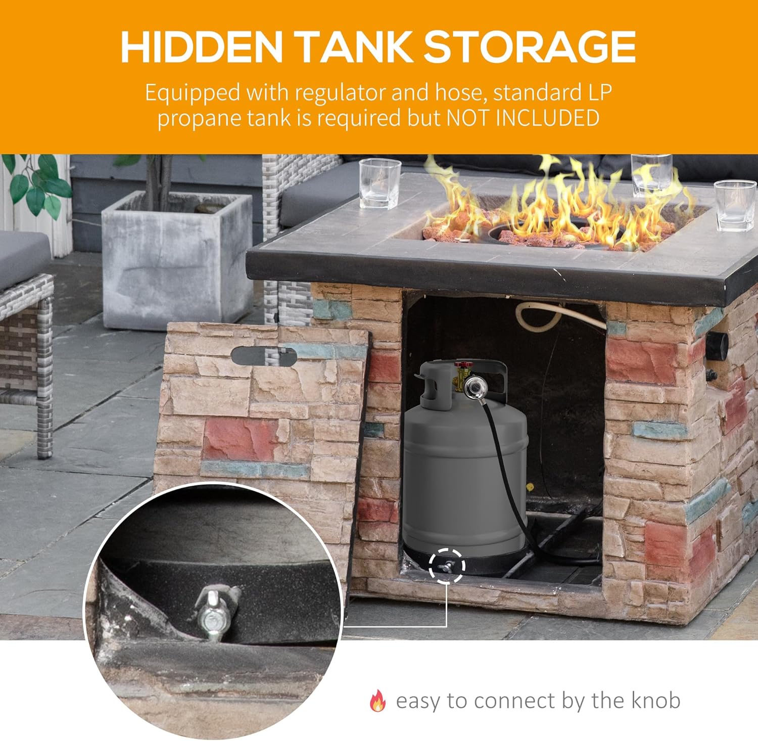 Outsunny 32 Inch Outdoor Propane Gas Fire Pit Table, 50,000 BTU Auto-Ignition Rectangular Faux Ledge Stone Gas Firepit with Lava Rocks and Rain Cover, CSA Certification, Brown