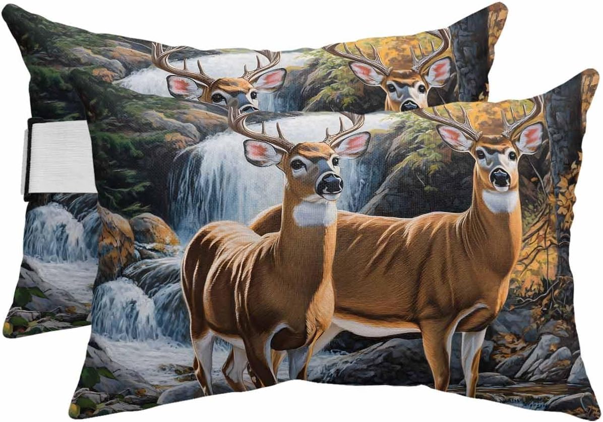 Outdoor Pillow for Chaise Lounge Chair Deer Waterproof Lumbar Pillow with Insert Mountain Forest River Headrest Pillow with Adjustable Elastic Stripe for Recliner Beach Garden Patio 12x20 Inch