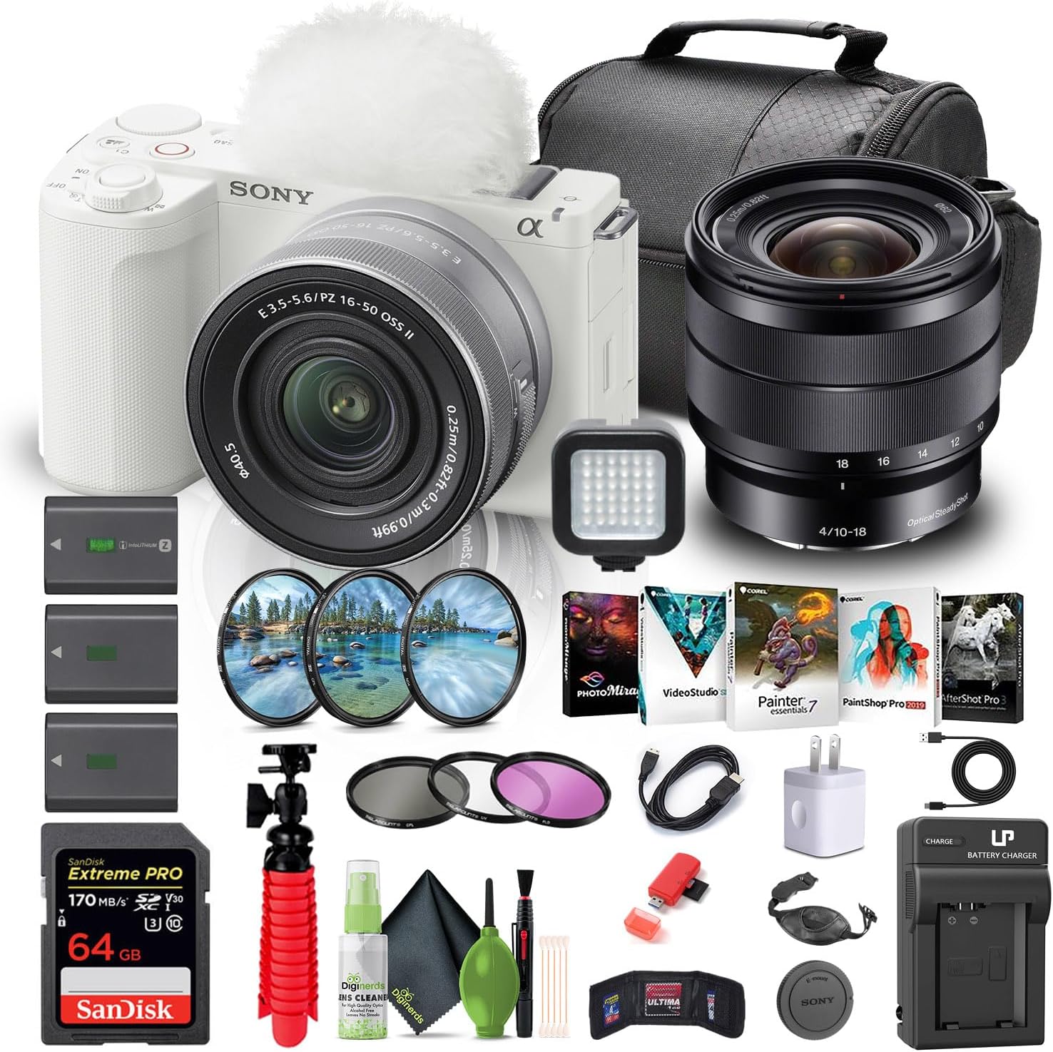 Sony Alpha ZV-E10 II Mirrorless Camera with 16-50mm Lens (White) (ZVE10M2KW) E 10-18mm Lens + 64GB Memory Card + Filter Kit + Photo Software + Bag + 2 x NP-FZ100 Battery + More (Renewed)