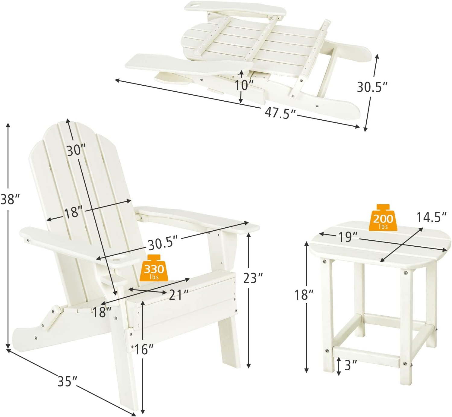 Giantex Folding Adirondack Chair Set, HDPE Weather Resistant Fire Pit Chair Set with 18-Inch Outdoor Side Table, Cup Holder, Lounge Set for Outside, Deck, Backyard, Porch, Poolside, White