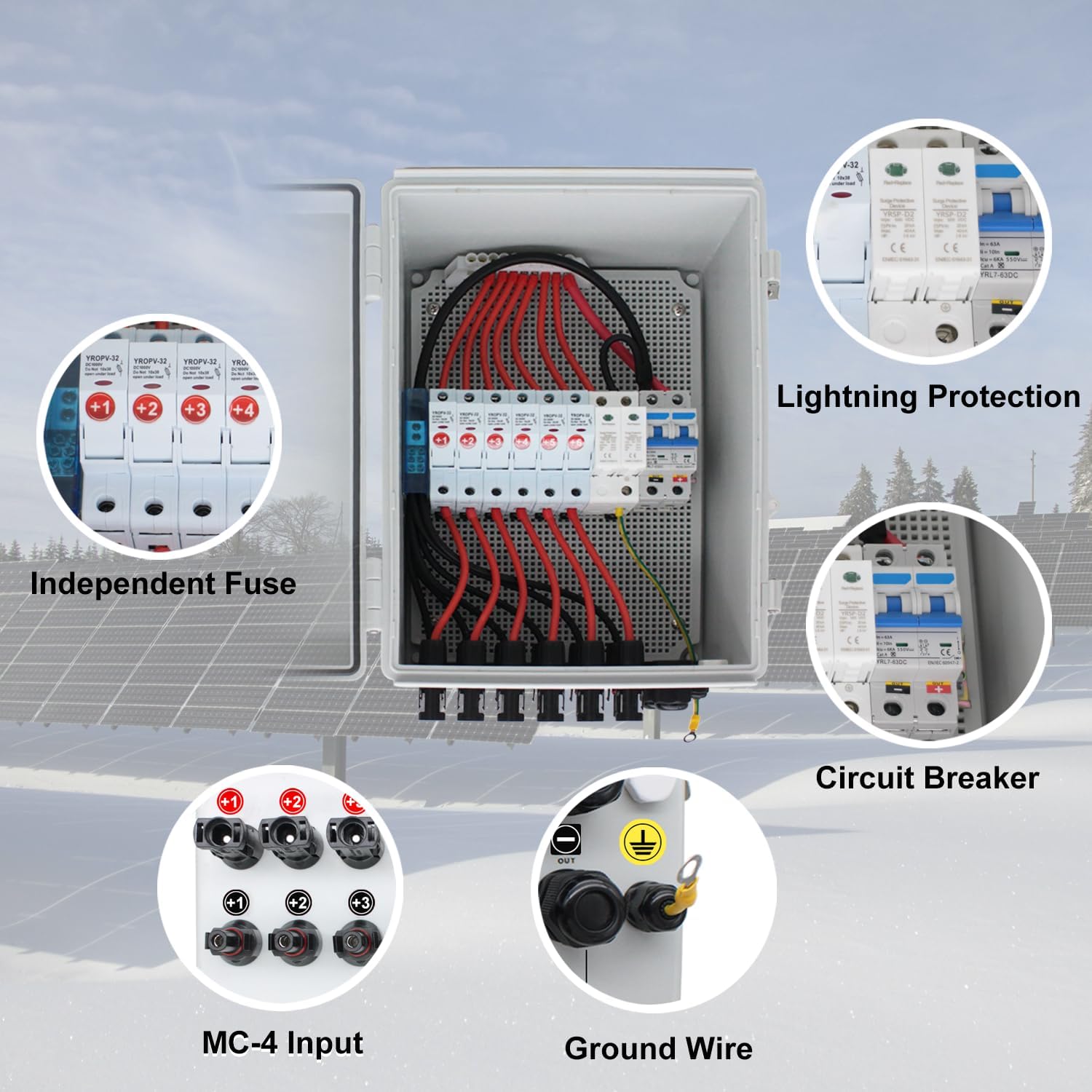 Solar Combiner Box, HXH PV Combiner Box 6 String with a 550V 2P 63A DC Circuit Breakers & Lightning Arreste for Solar Panels, IP 65 Waterproof