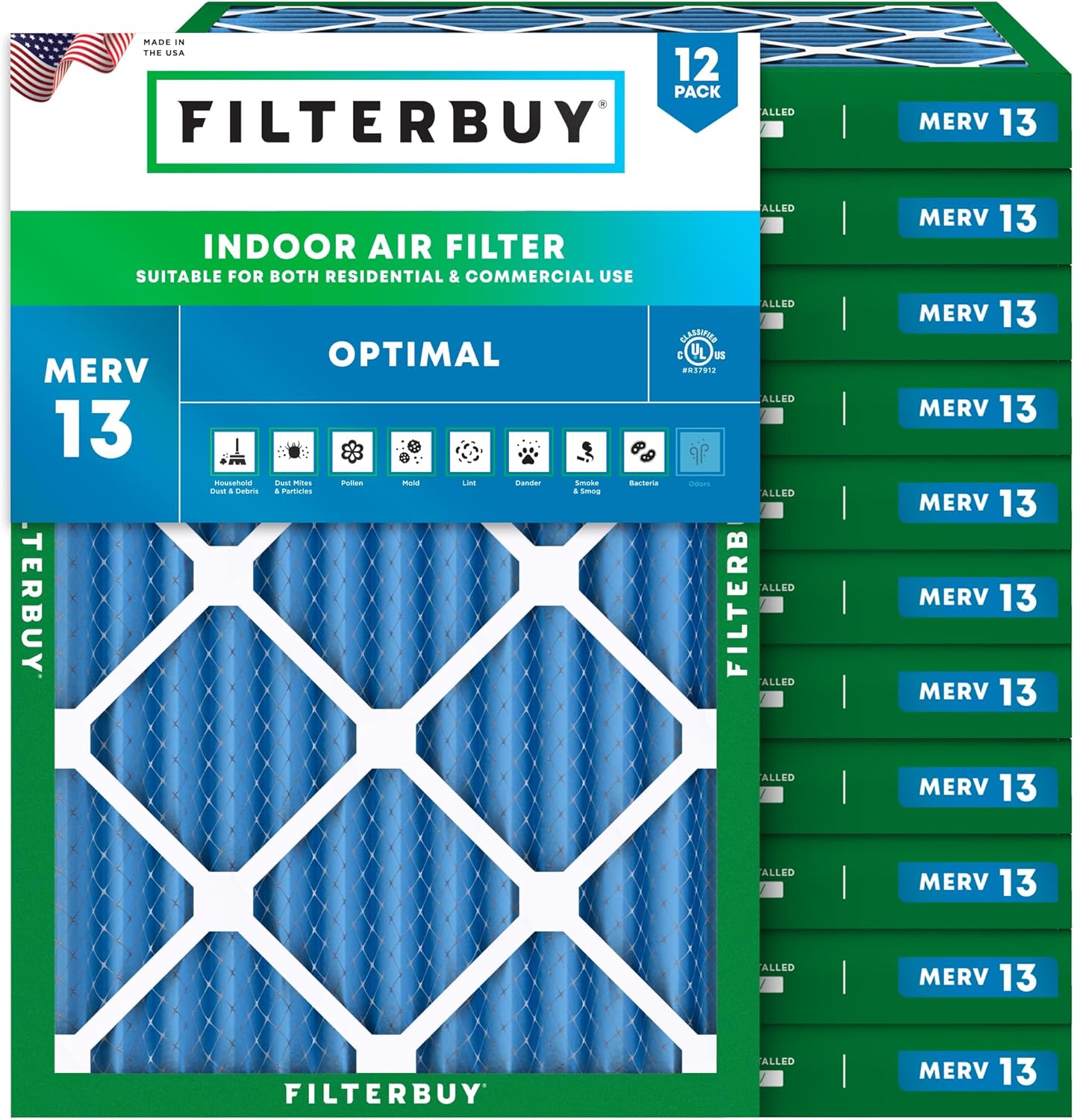 Filterbuy 19.5x24.5x2 Air Filter MERV 13 Optimal Smoke & Allergy Defense (12-Pack), Electrostatic Pleated HVAC AC Furnace Filters Replacement, Made in USA (Actual Size: 19.50 x 24.50 x 1.75)