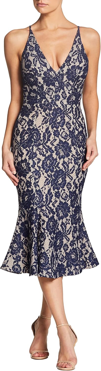 Dress the Population Women's Isabelle Plunging Spaghetti Strap Mermaid Fitted Midi Dress