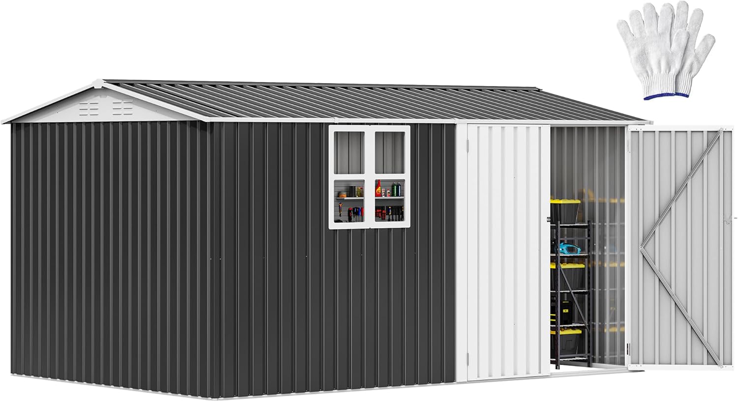 DWVO 8x12ft Large Tool Storage Shed with Window, Lockable Doors, and Sloped Roof, Oversized Steel Outdoor Storage Shed for Garden, Patio, Garage, Backyard, Lawn - Dark Gray