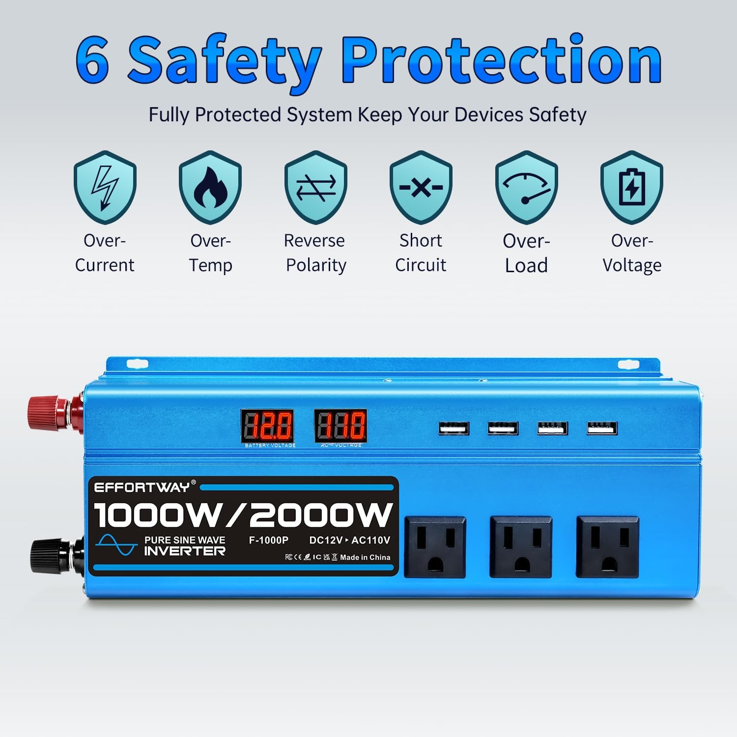 1000W Pure Sine Wave Inverter DC 12V to AC 110V/120V Converter 2000w (Peak) Car Power Converter with 3 AC Outlets, 4USB Port,Power Inverter for Car, Truck, Home, Vehicles, Laptop