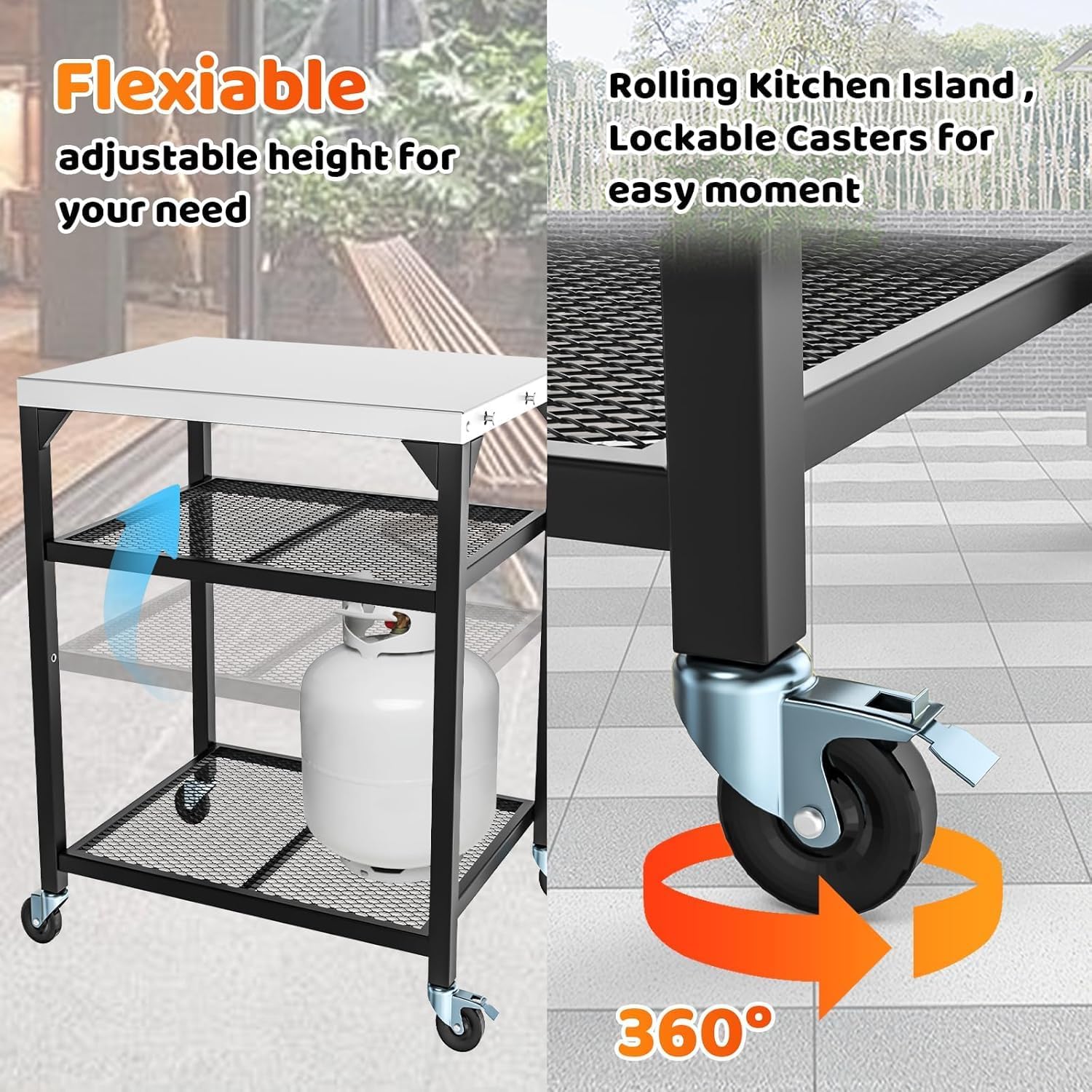 Pizza Oven Table for Ooni, Ninja, Woodfire, Blackstone, Bighorn, Cuisinart, Outdoor Grill Table for Ooni Pizza Oven Accessories, Movable Pizza Oven Stand as Food Prep Cart, Barbecue Tool Set