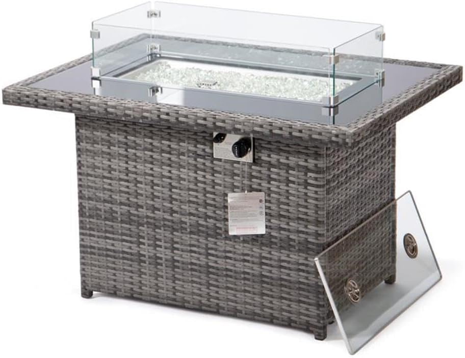 LeisureMod 44-Inch Propane Fire Pit Table, 50,000 BTU Auto-Ignition Gas Fire Pit with Lid, Tempered Glass Wind Guard & Decorative Stones, Grey