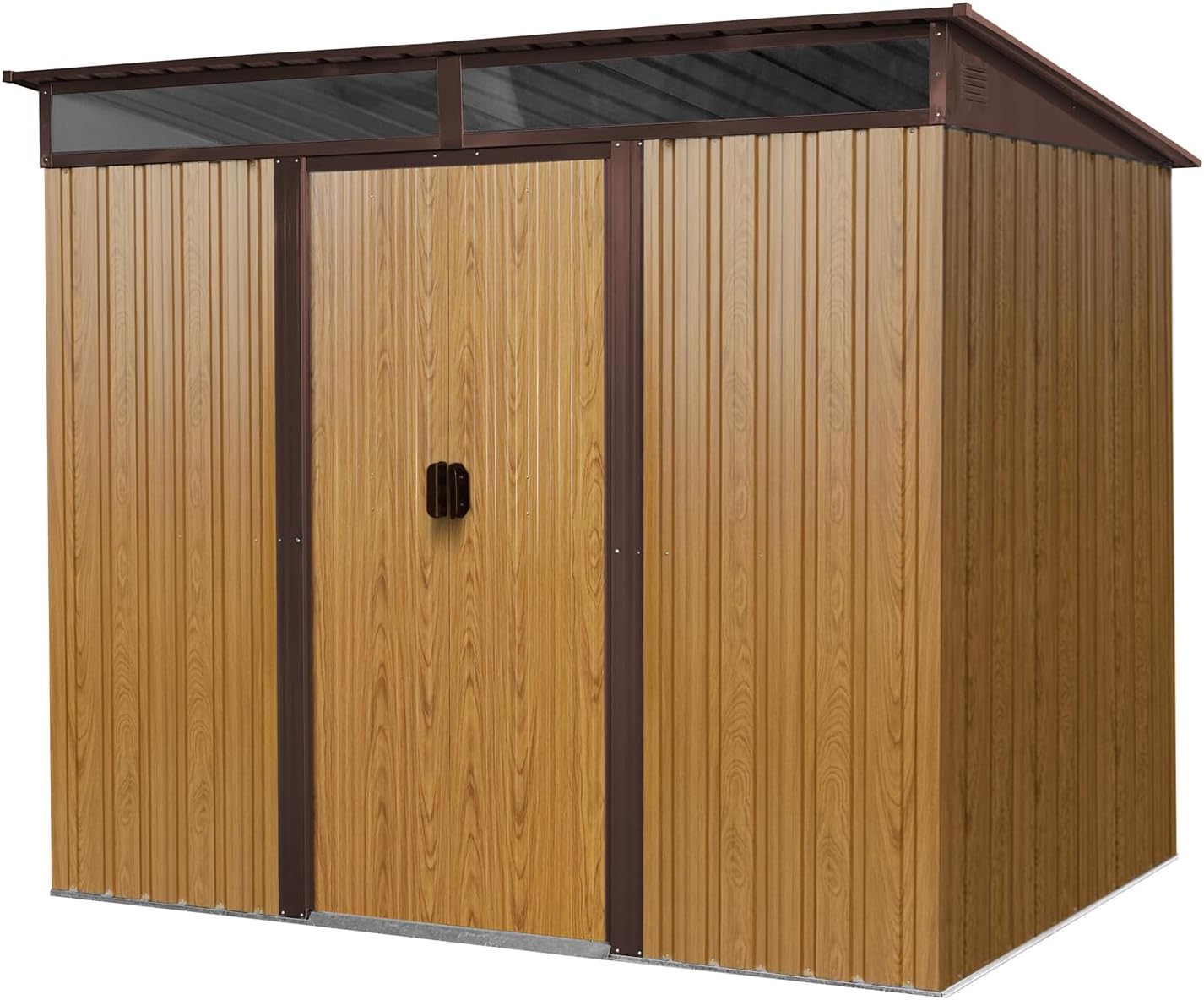 8 x 6 FT Outdoor Storage Shed, Metal Garden Shed with Sliding Doors & Transparent Plate, Tool Shed Tiny House Vertical Outside Storage Building for Backyard, Coffee