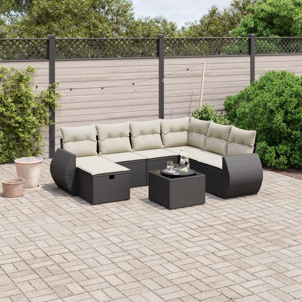 Garden Sofa Set Black Poly Rattan, Tempered Glass Large Modular Outdoor Patio Furniture, 8-Person Seating, Weather-Resistant Cushions, Steel Frame