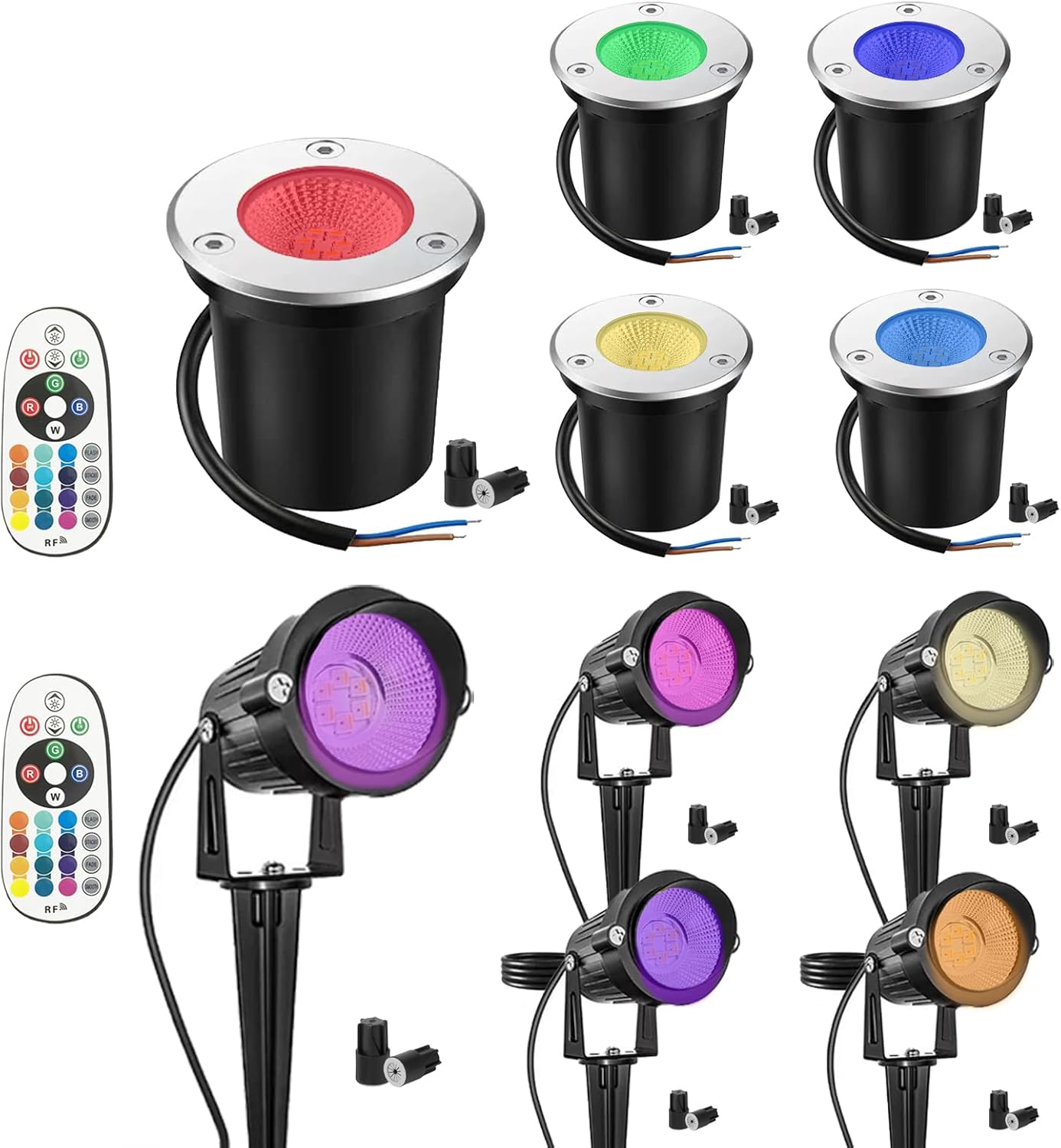 10 Pack RGBW LED Landscape Lights (5 Spike + 5 In-ground), 3W Low Voltage IP67 Waterproof Outdoor Lighting Kit with Remote Control, 16 Colors & 4 Modes Pathway Yard Garden Spotlights