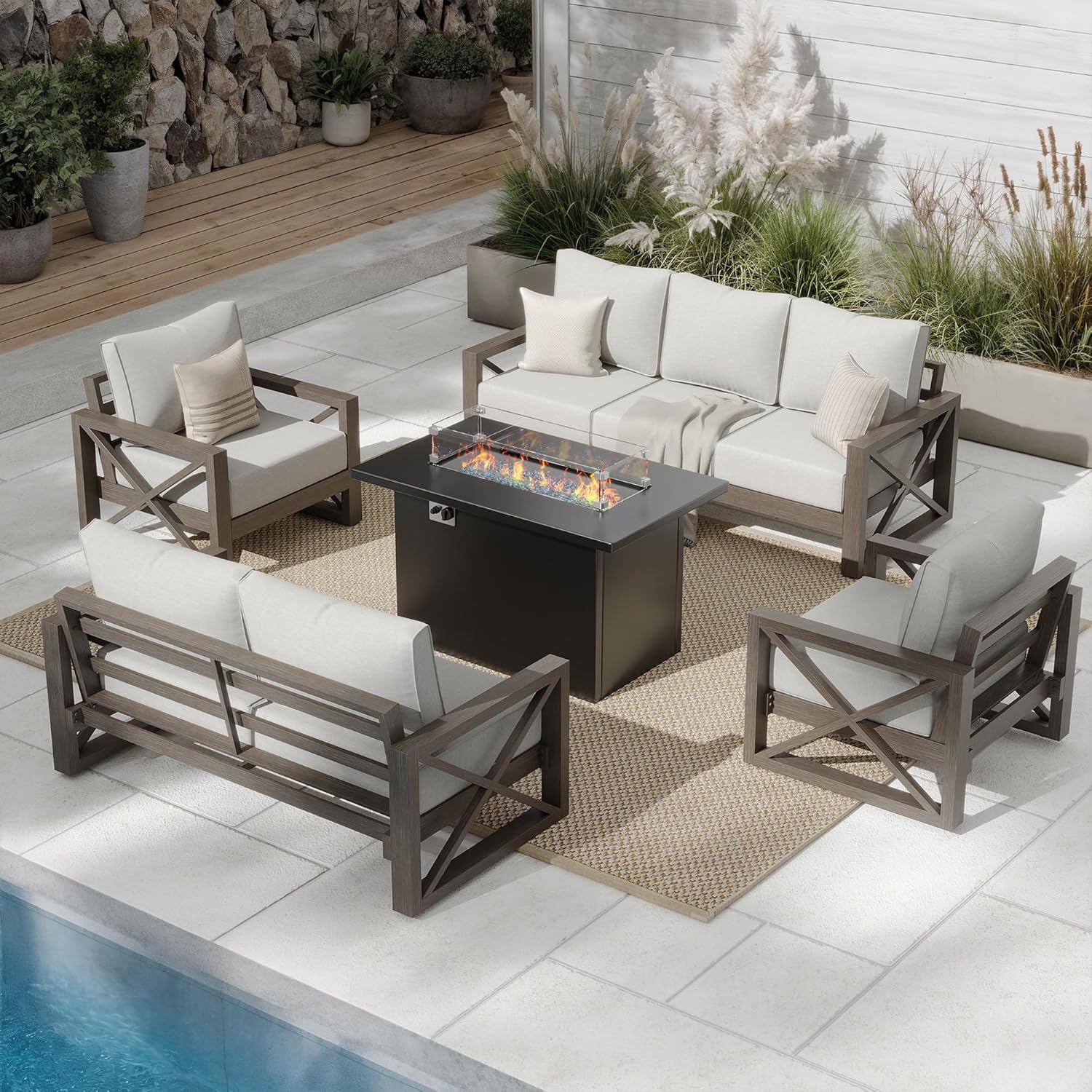 UDPATIO 5 Piece Aluminum Patio Furniture Set with Fire Pit Table, Faux Wood Patio Conversation Set with 6