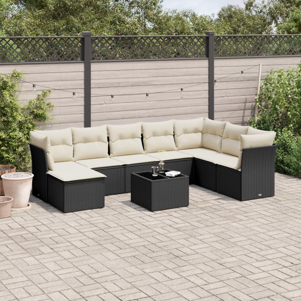 9-Piece Modular Garden Sofa Set Black with Cream Cushions, Durable Poly Rattan and Steel Frame for Outdoor Patio Furniture, Weather-Resistant and Versatile Seating