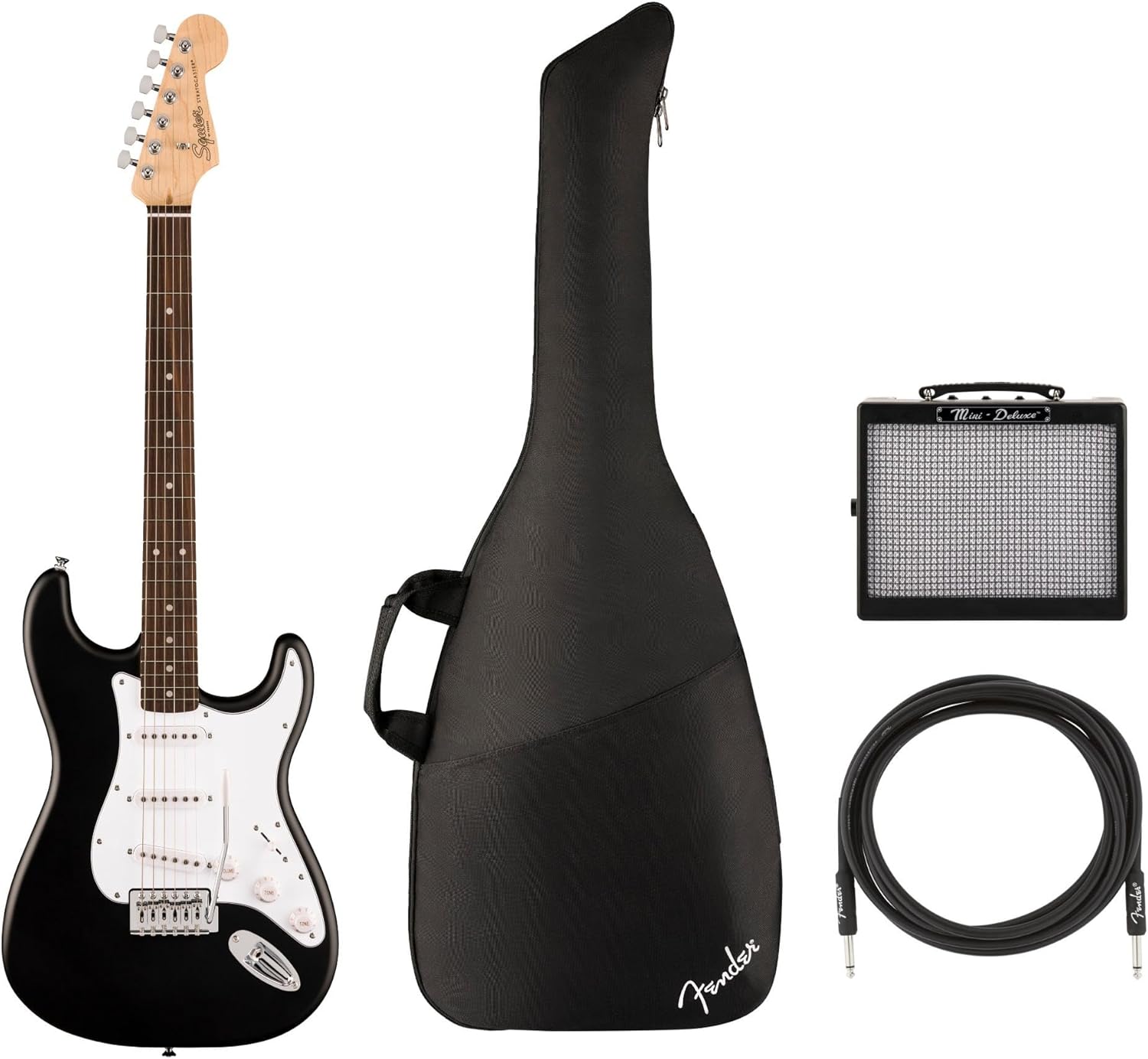 Fender Squier Debut Series Stratocaster Electric Guitar, Black With Matte Finish + Gig Bag + Mini Deluxe Amp + Cable 10 ft