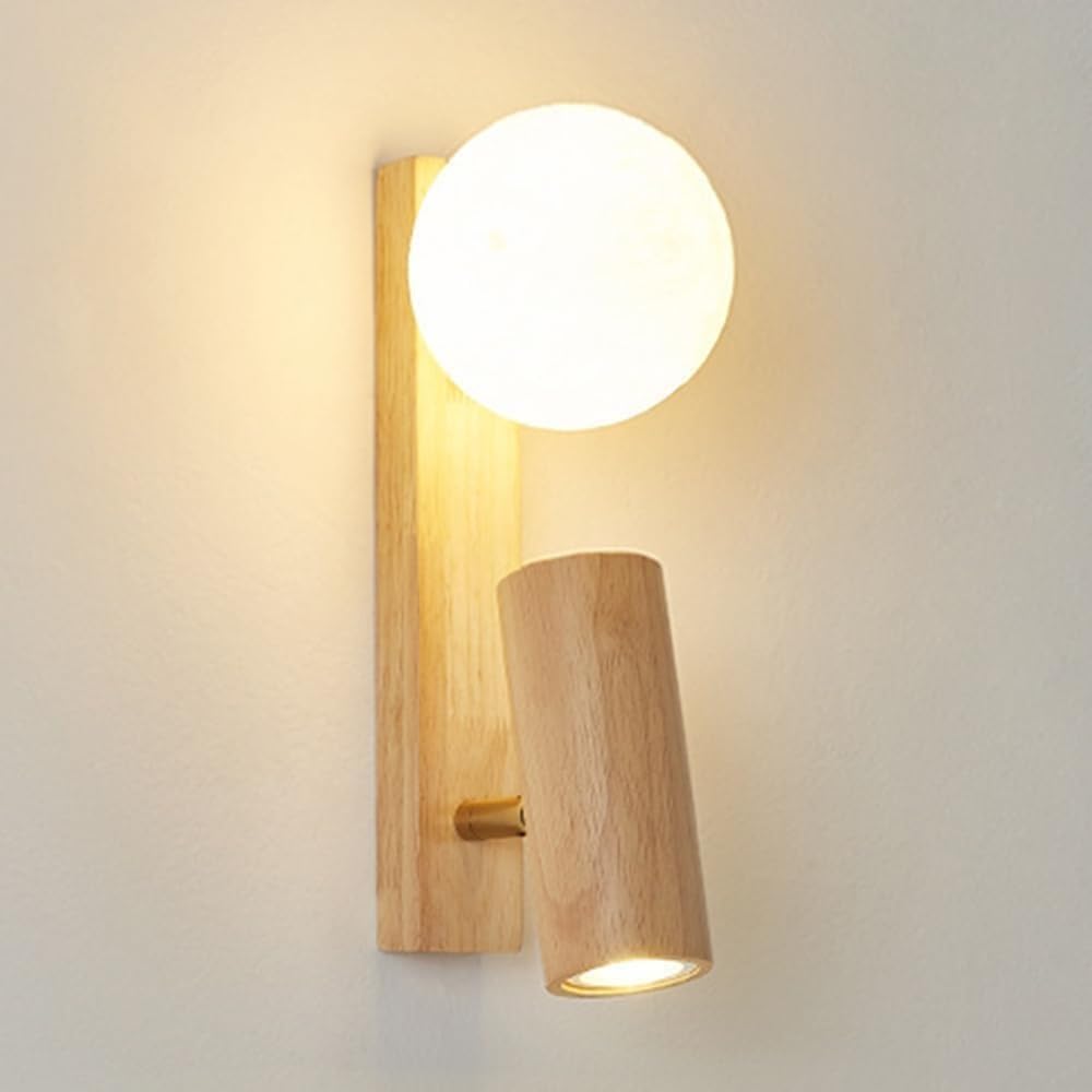 Modern Wood Bedside Wall Sconce, E27 Nordic Creativity White Globe Hallway Wall Light, Reading Light Mid Century Bedroom Wall Mounted Lamp for Living Room Study Lighting Fixtures