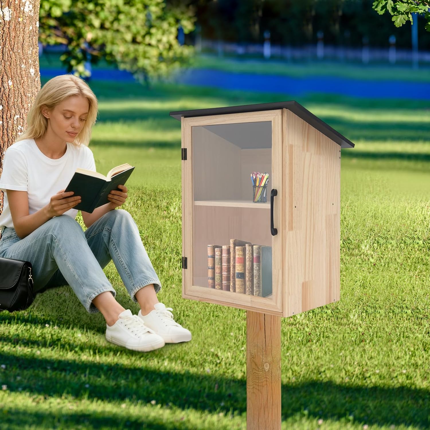 Outdoor Library Box, 15.7x11x22.4inch Wood Literature Exchange Box DIY Little Wood Cabinet with Waterproof Roof and Shelf for Outside Neighborhoods Community and Schools Sharing Books (Sloped Roof)