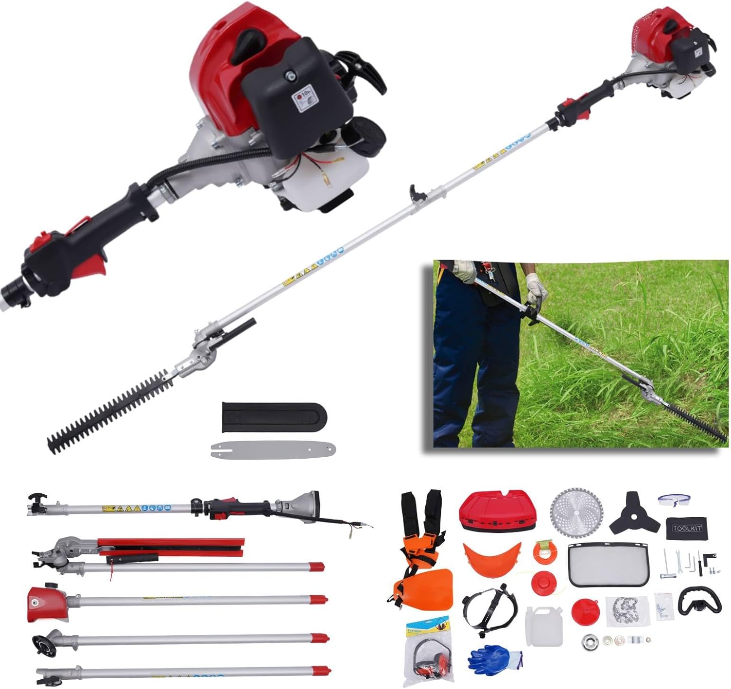51.7cc Self Propelled Lawn Mower, 2-Stroke 4-in-1 Gas Powered Brush Cutter & Trimmer Combo Kit with 25cm Cutting Width, 6500RPM, 1.2L Fuel Tank for Garden Yard and Park Care