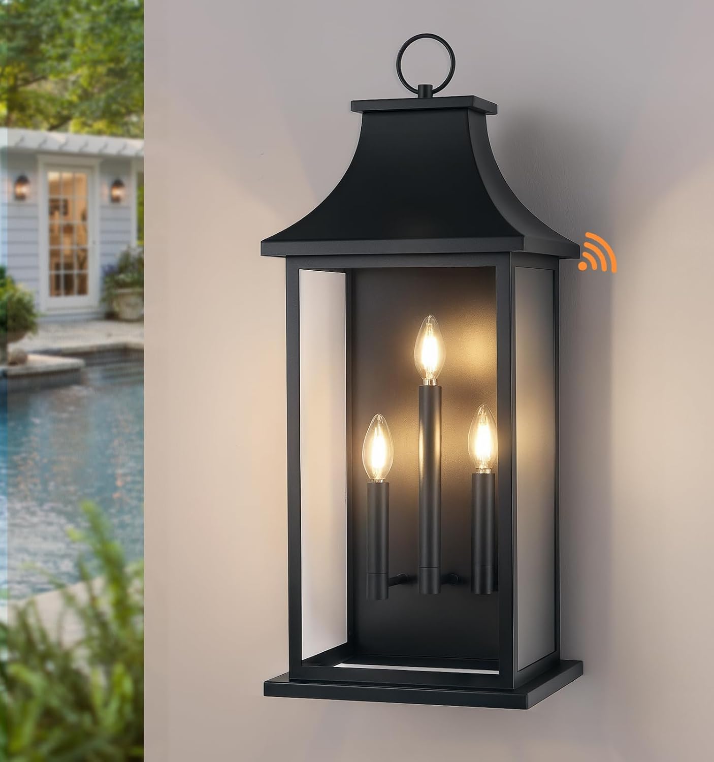 tewei 28'' Dusk to Dawn Large Outdoor Wall Light, Porch Light Outdoor Wall Sconce Lantern, 3-Light Black Exterior Lighting Fixture Wall Mount, Outside Light for House Garage, 1-Pack